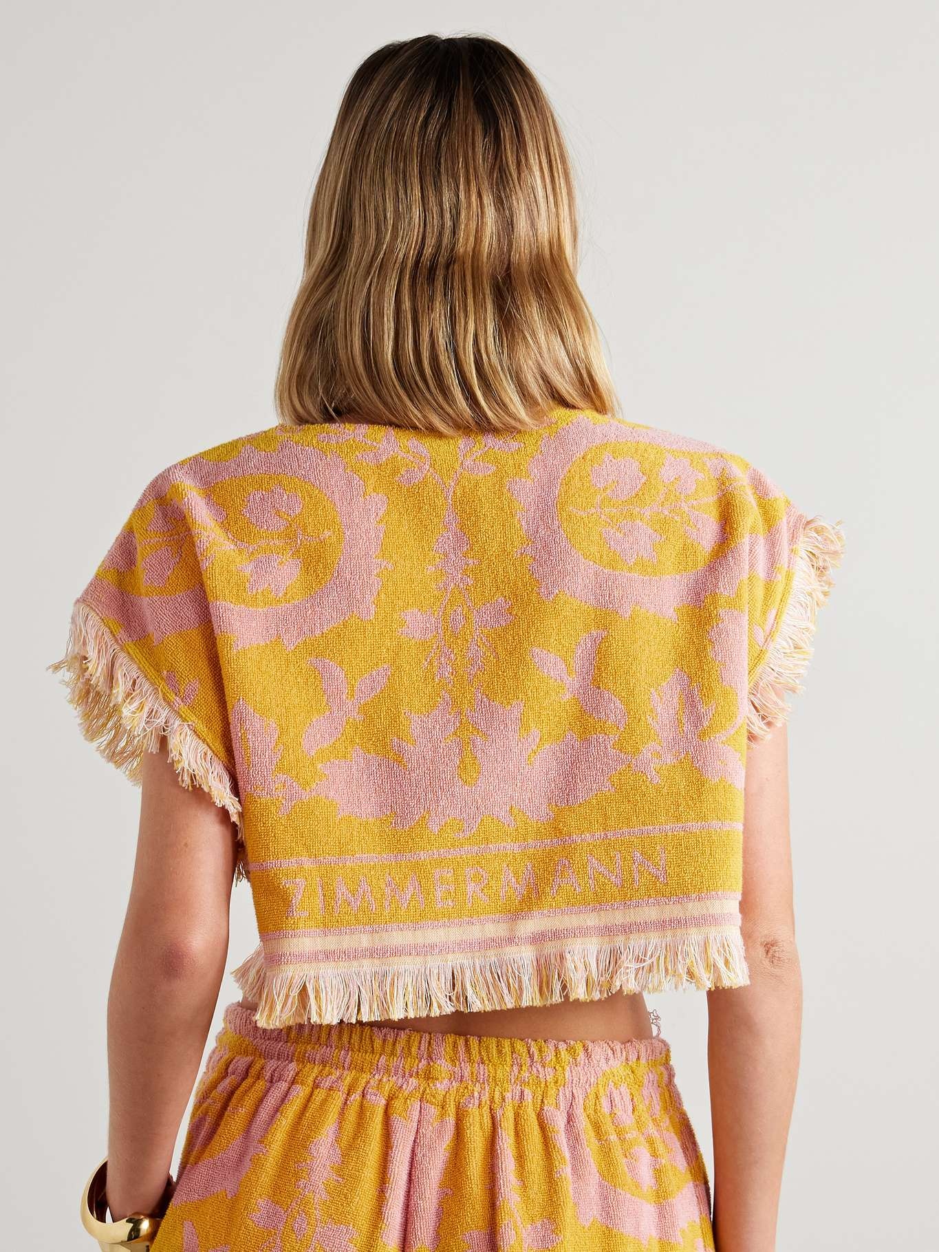 Wylie cropped frayed cotton-terry jacquard top Mustard - 3