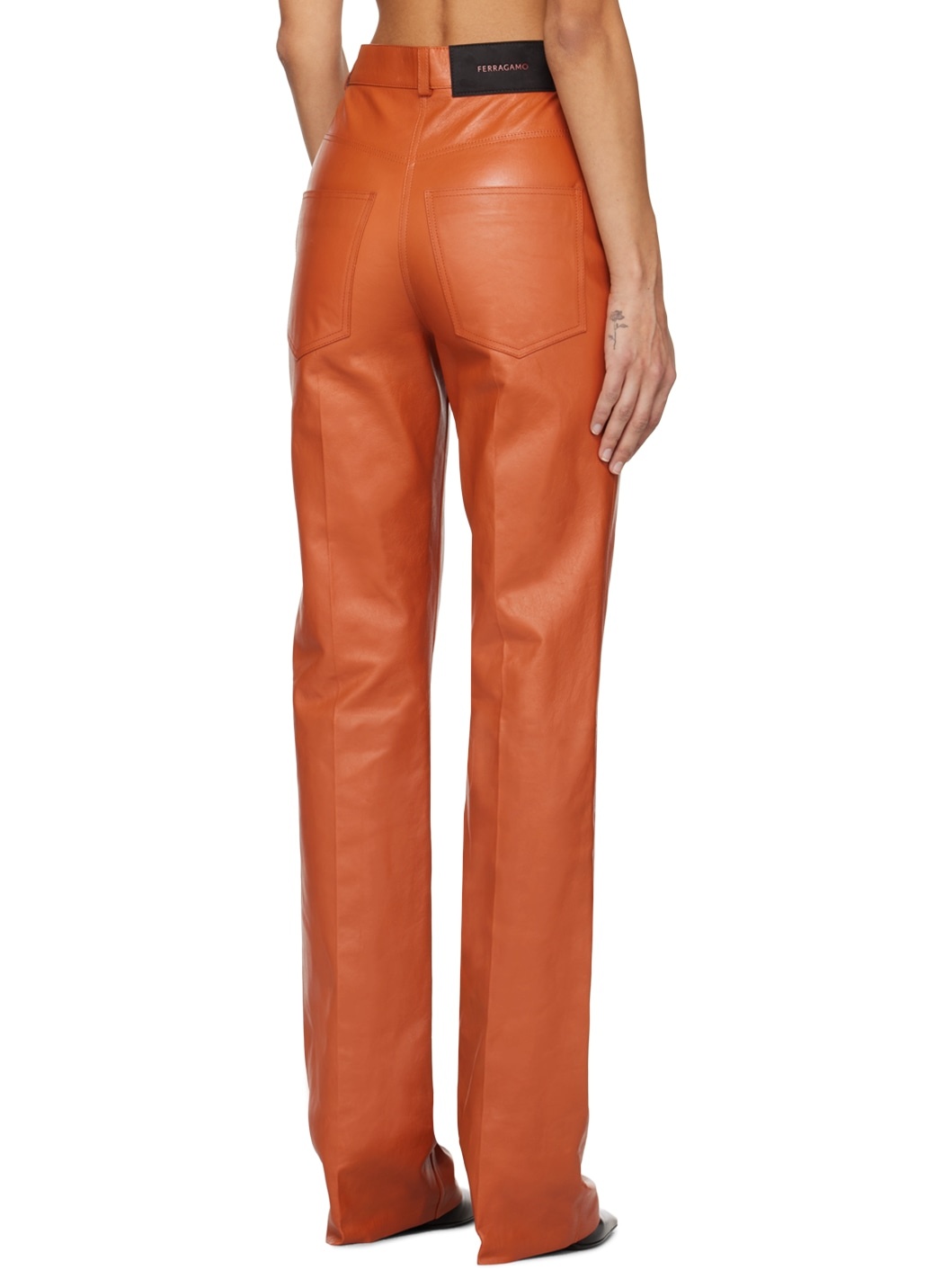 Orange Five-Pocket Leather Pants - 3