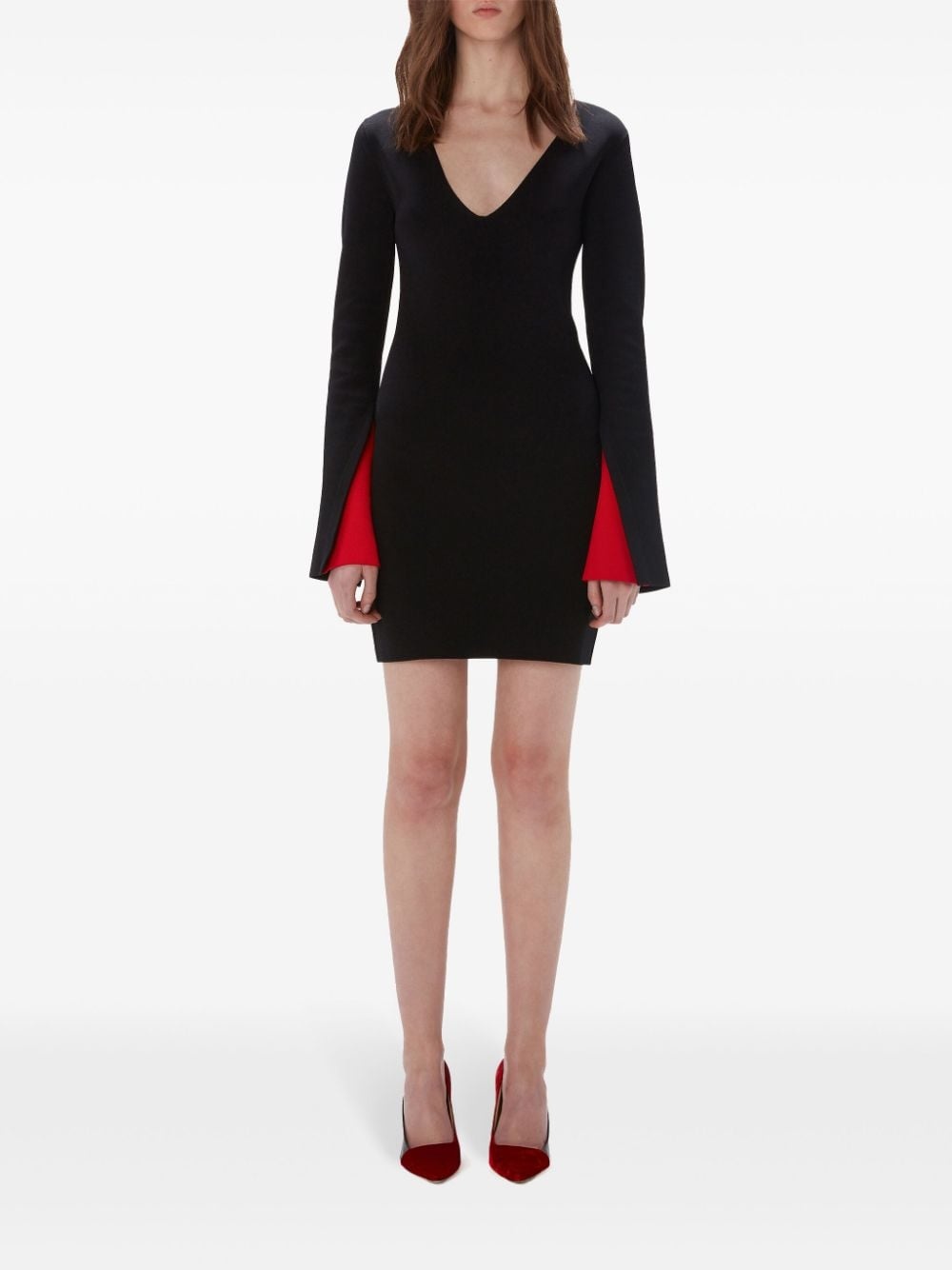 contrast-cuff V-neck dress - 2