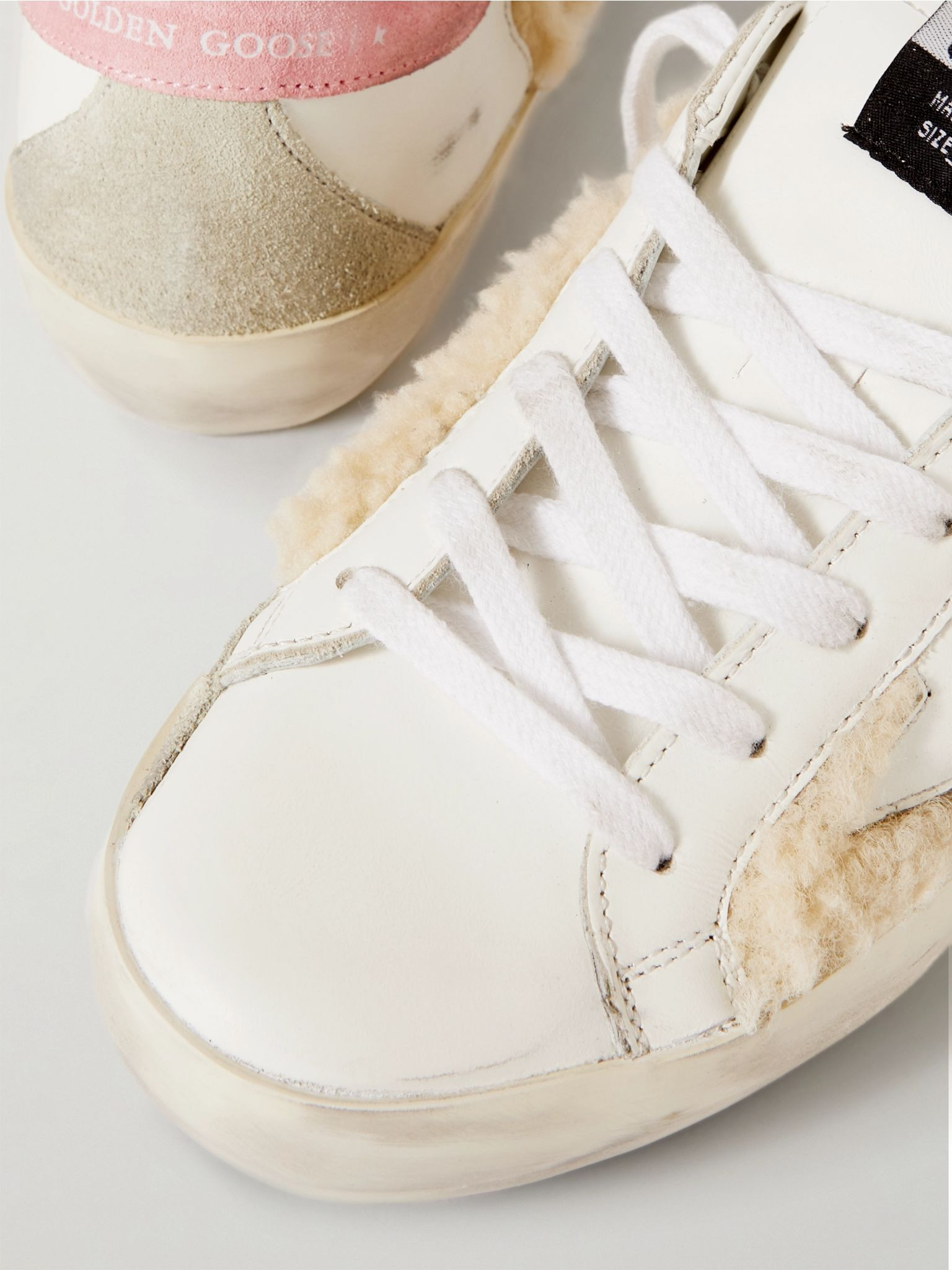 Superstar shearling-trimmed distressed leather and suede sneakers White - 4