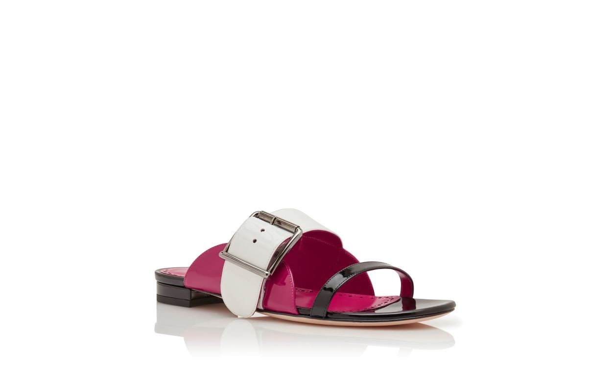 Black and Pink Patent Leather Flat Sandals - 3