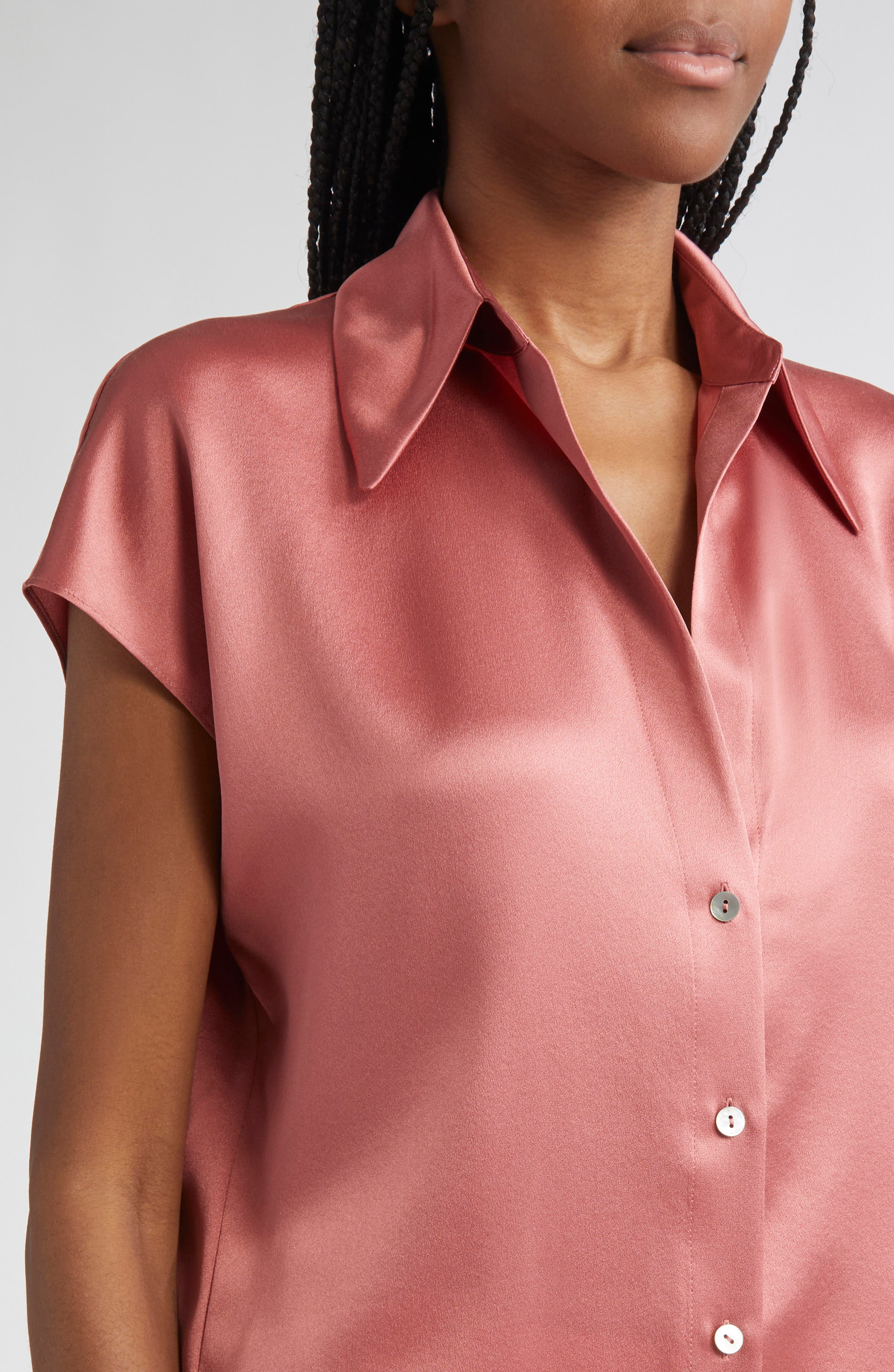 Vince Cap Sleeve Gathered Back Short Sleeve Silk Button-Up Shirt in Peony Wood at Nordstrom - 4