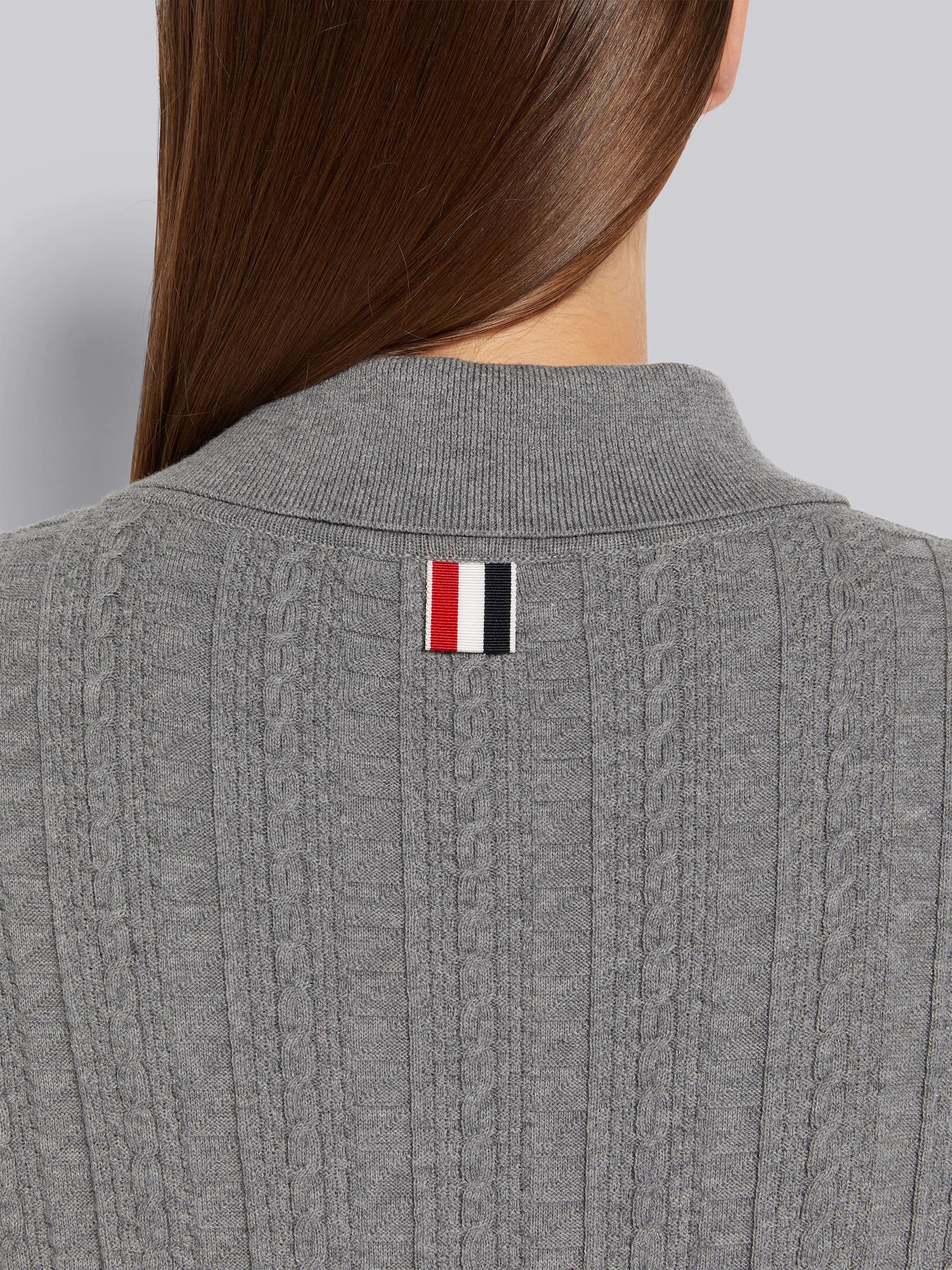 Light Grey Cable Texture Overtwisted Cotton Stripe Framing and Waistband Pleated Below the Knee Polo - 5