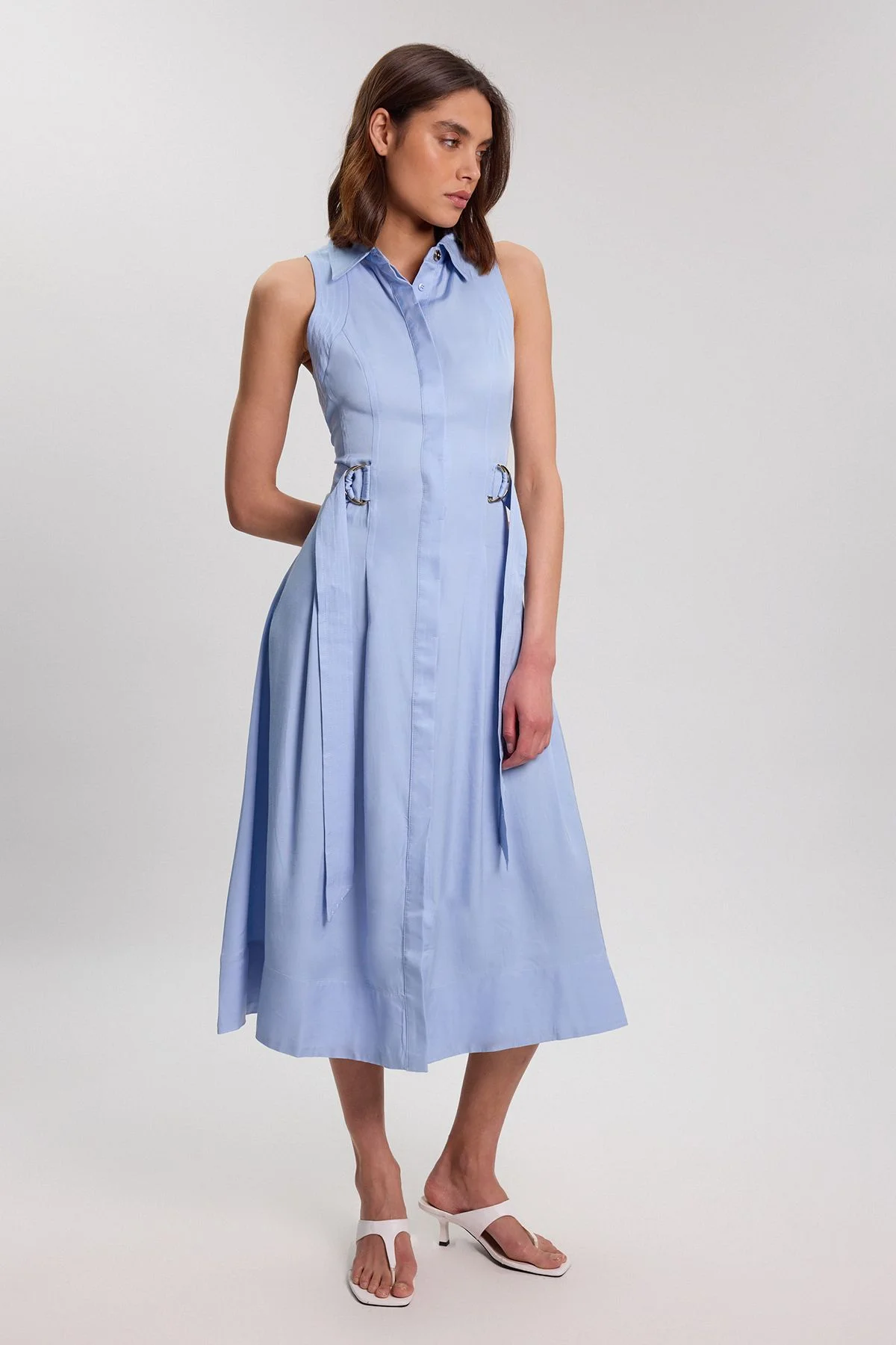 Premium Viscose Linen Topstitch Halter Neck Woven Dress With D Ring Detail - 1