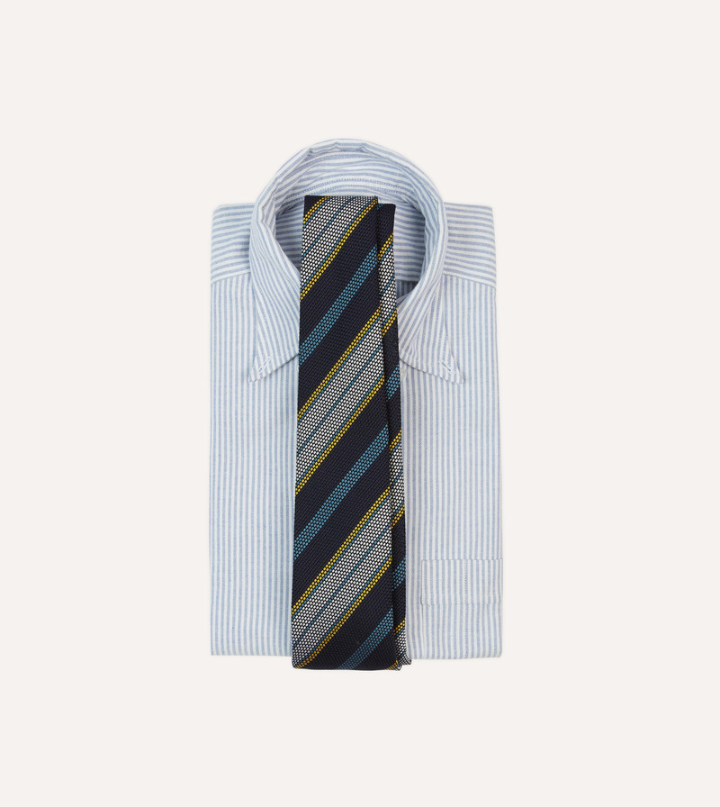Drake's Navy, Blue, Yellow and White Multi Stripe Tipped Silk Grenadine Tie outlook