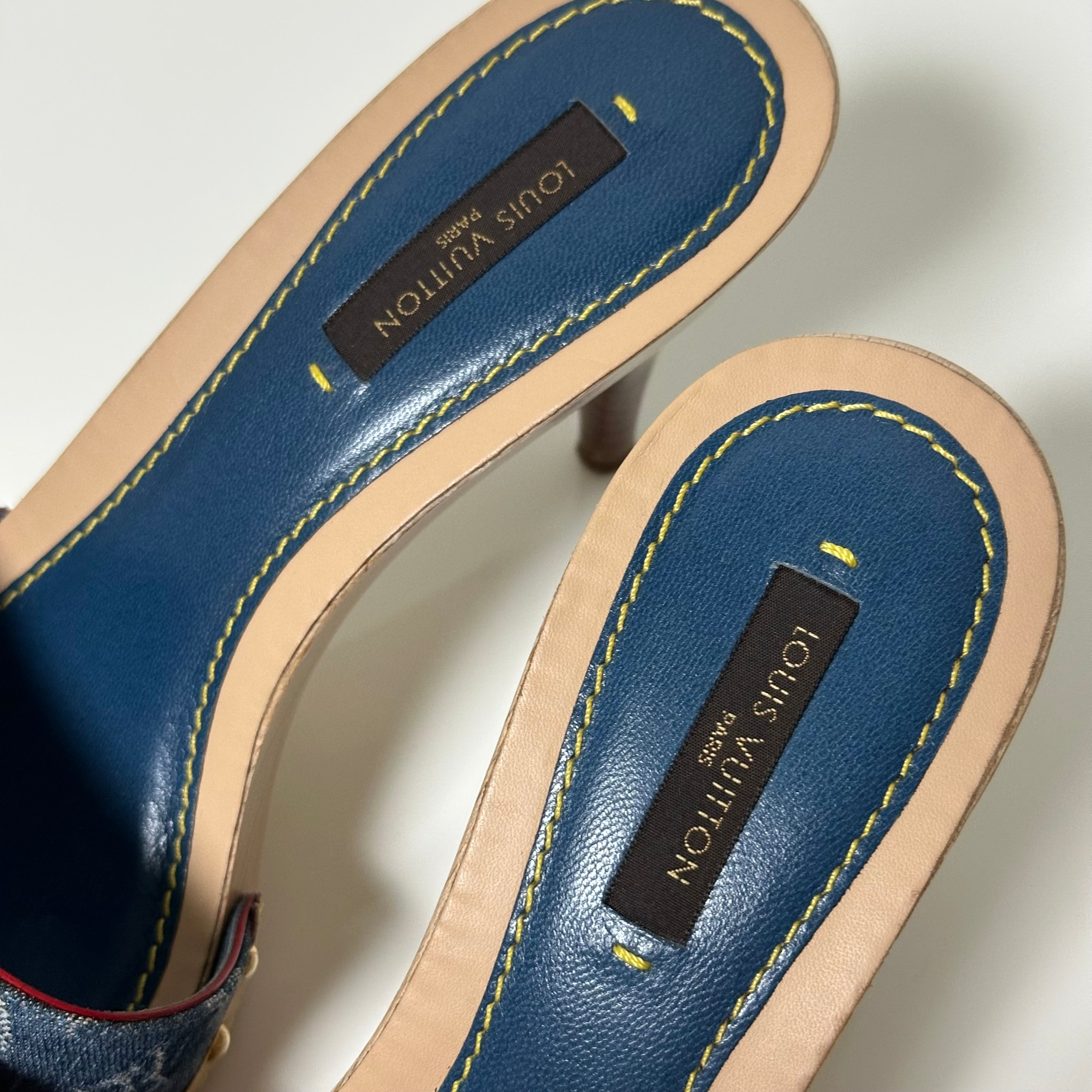 LOUIS VUITTON Monogram Denim Leather Bow Slide Sandals - 6