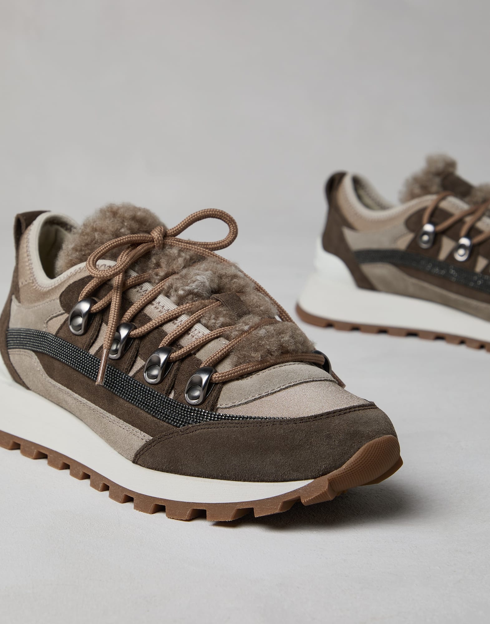 Suede runners with shearling insert and precious stripe detail - 3