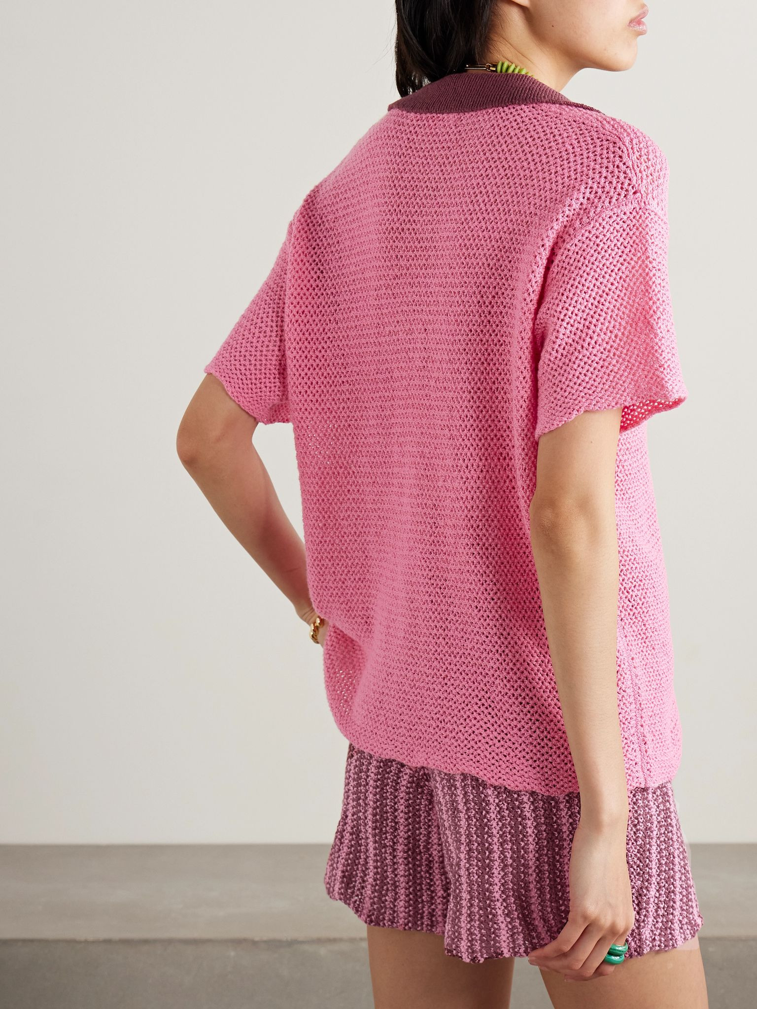 Oversized crocheted cotton polo shirt Bubblegum - 4