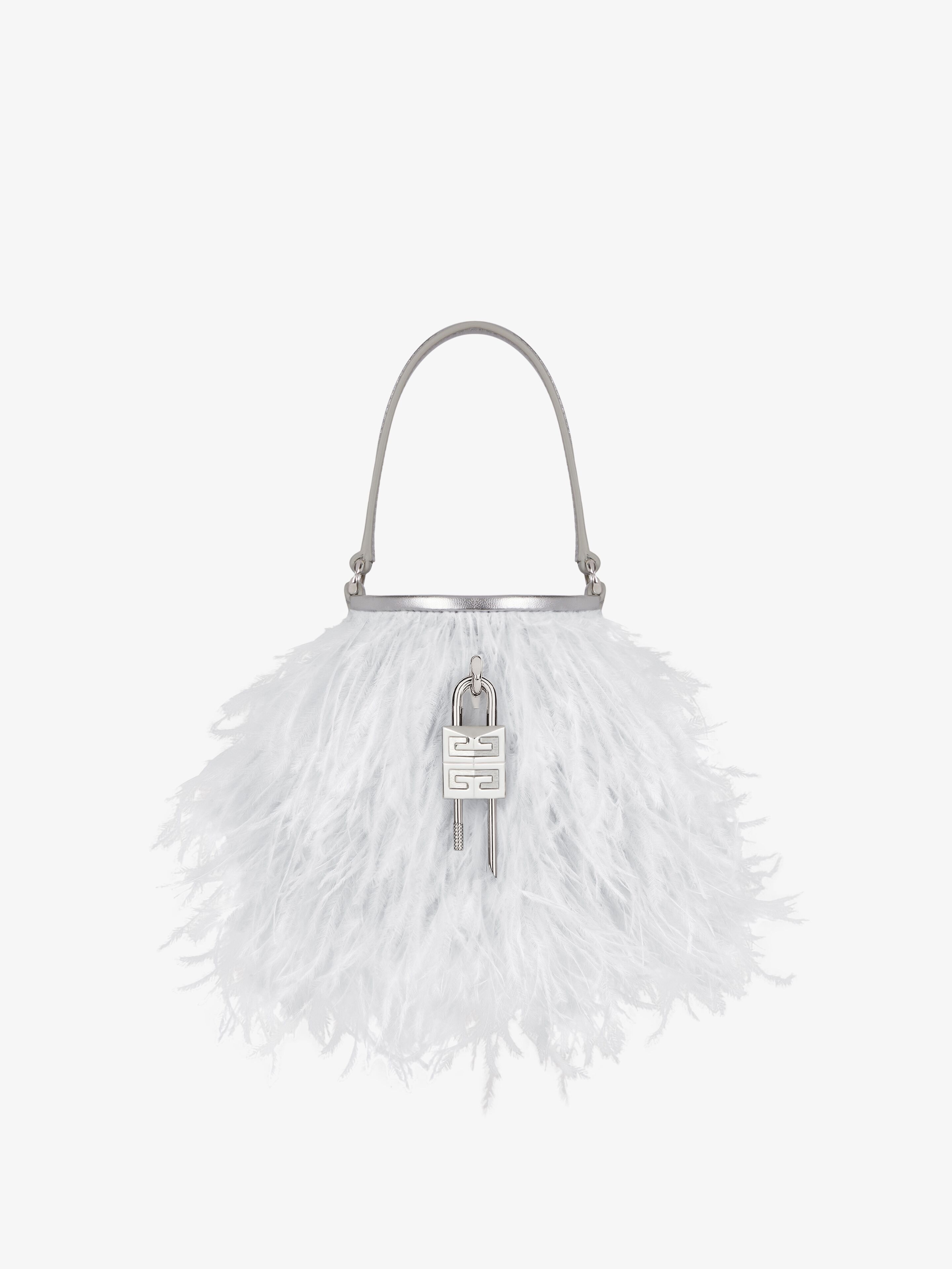 MICRO SHARK LOCK BUCKET BAG IN SATIN WITH FEATHERS - 1