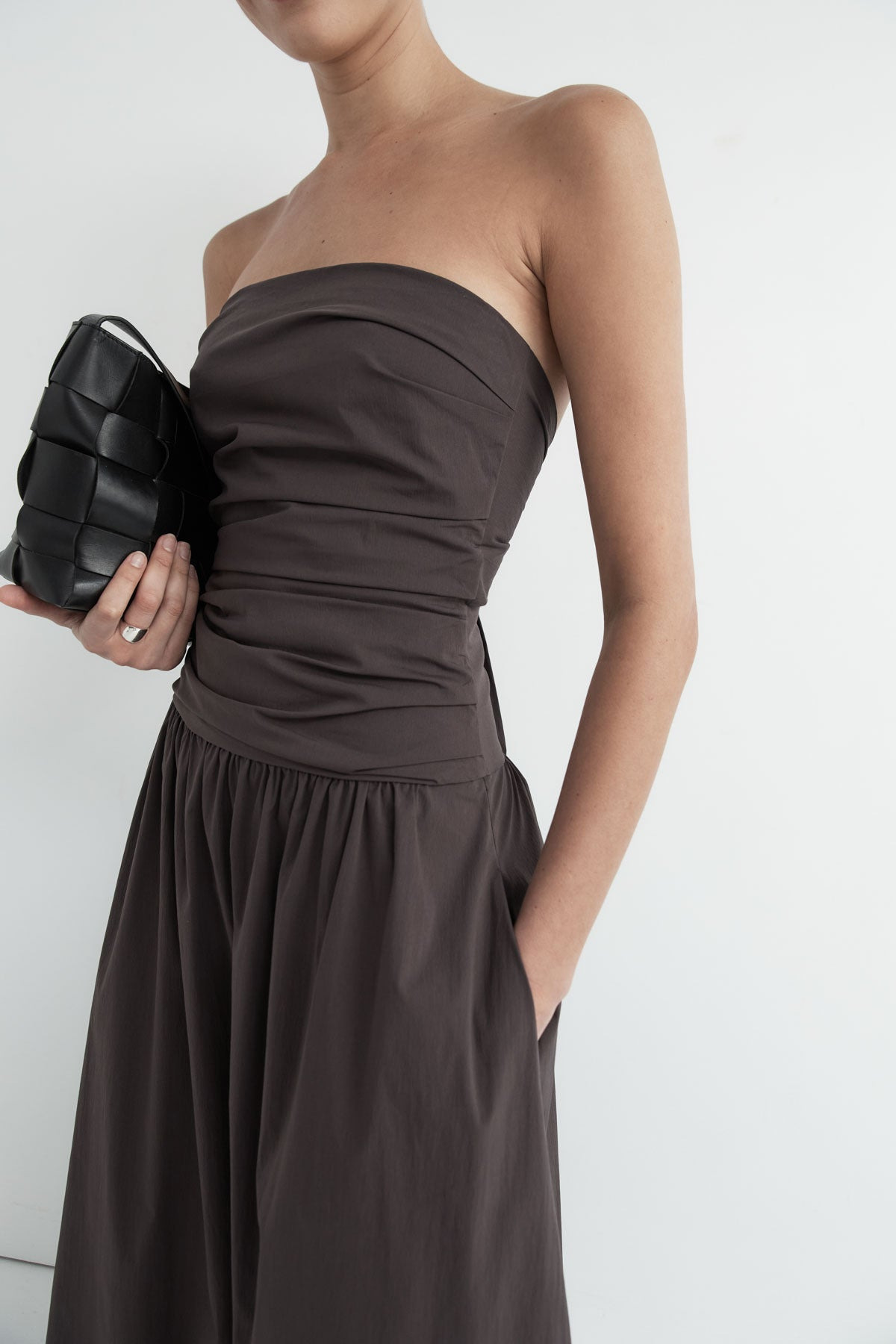 Gathered Strapless Tie Back Dress - Chocolate Plum - 7