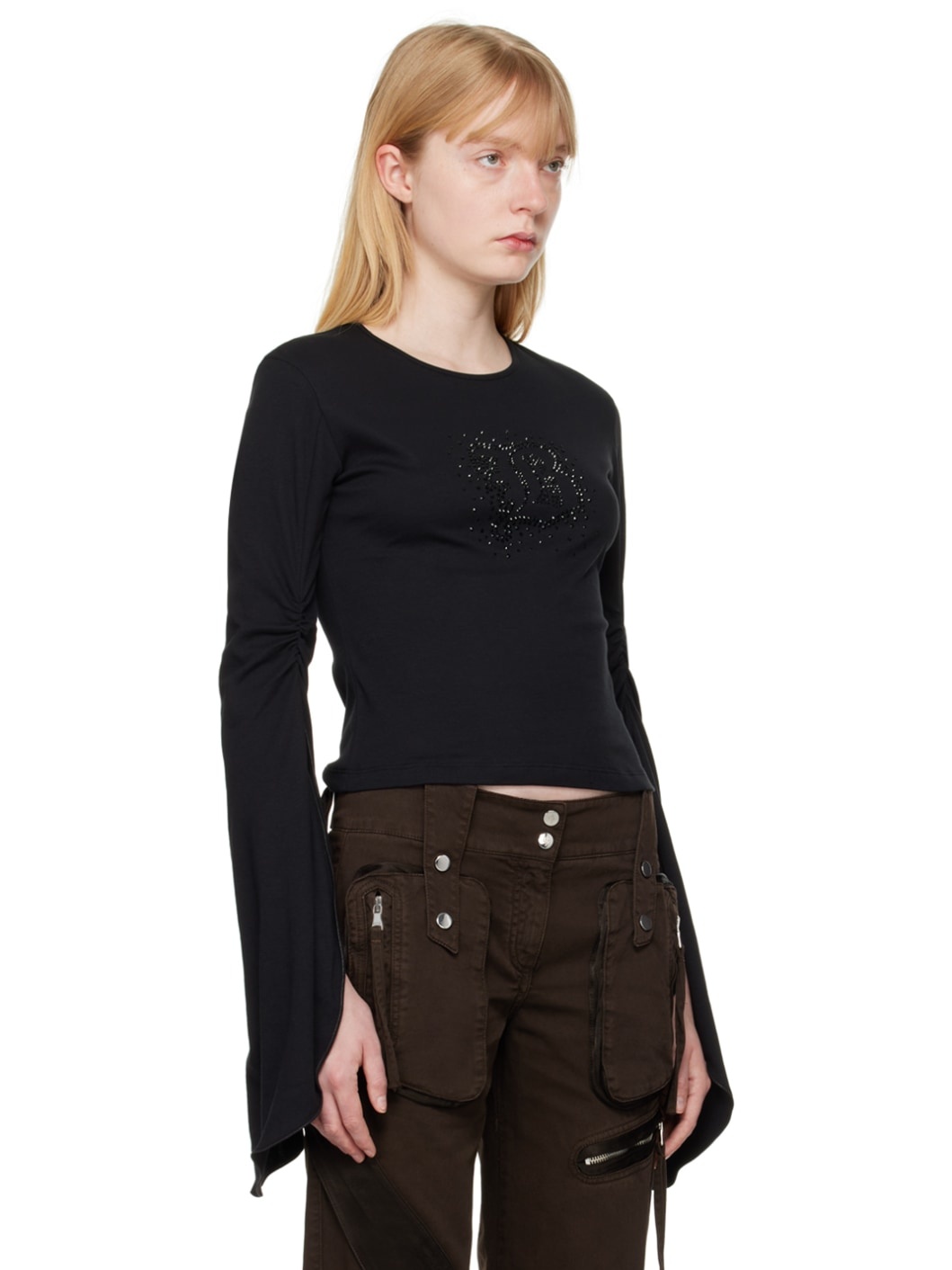 Black Crystal-Cut Long Sleeve T-Shirt - 2