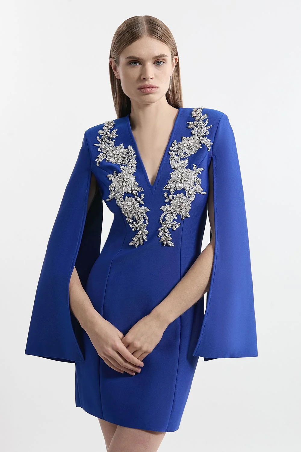 Bandage Form Fitting Cape Sleeve Embellished Mini Dress - 1