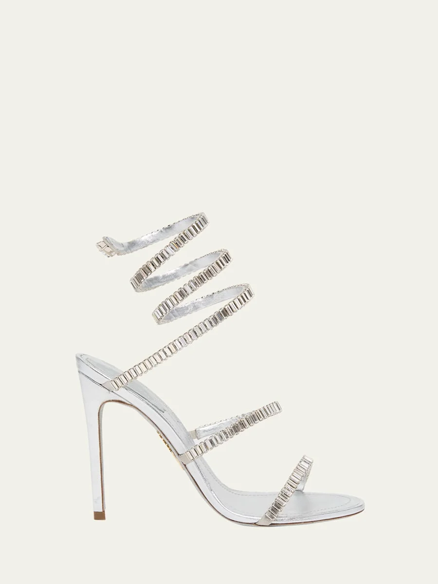 Metallic Leather Strass Snake Ankle Wrap Sandals - 1