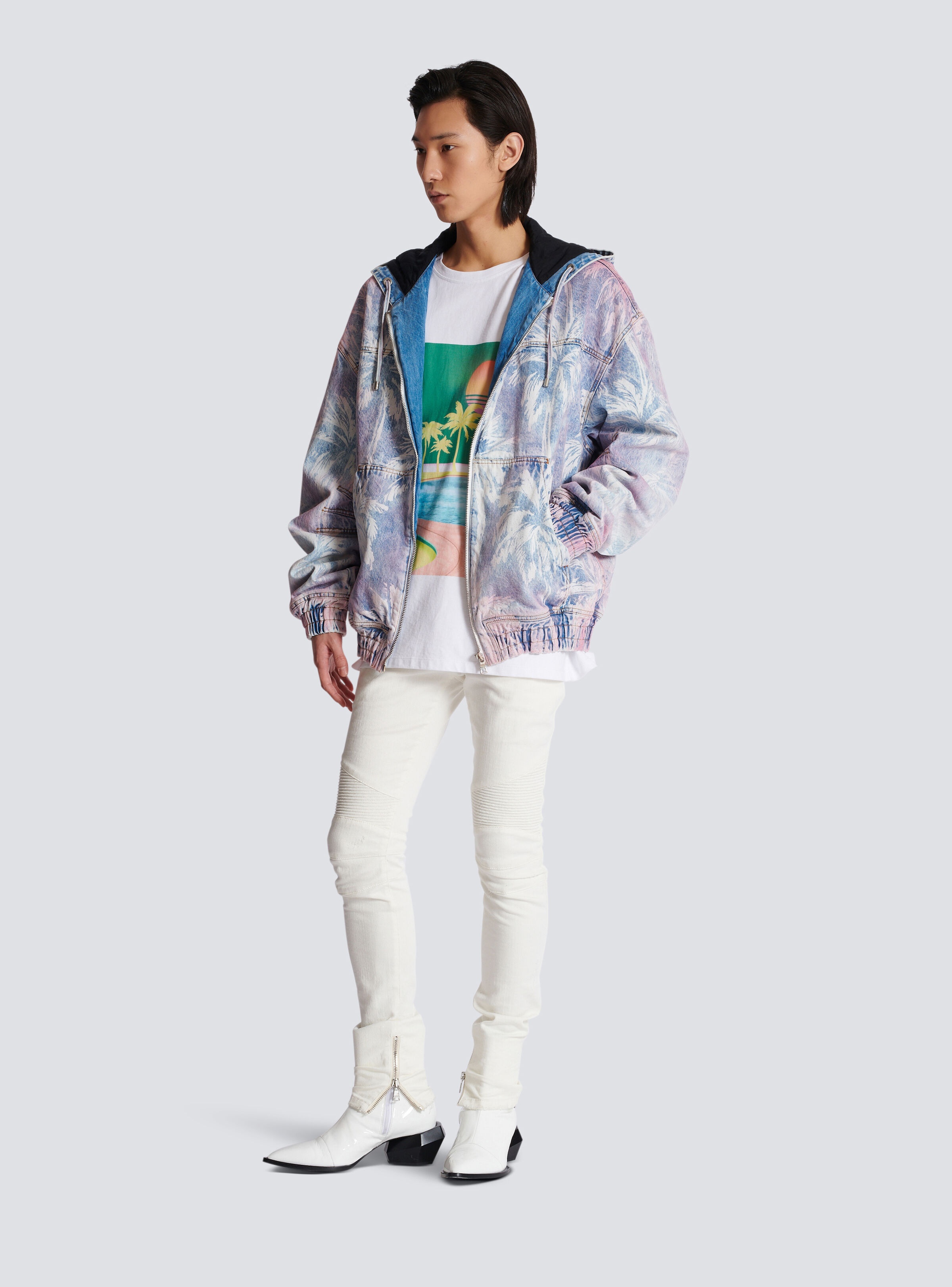Denim hooded bomber jacket with palm tree print - 2