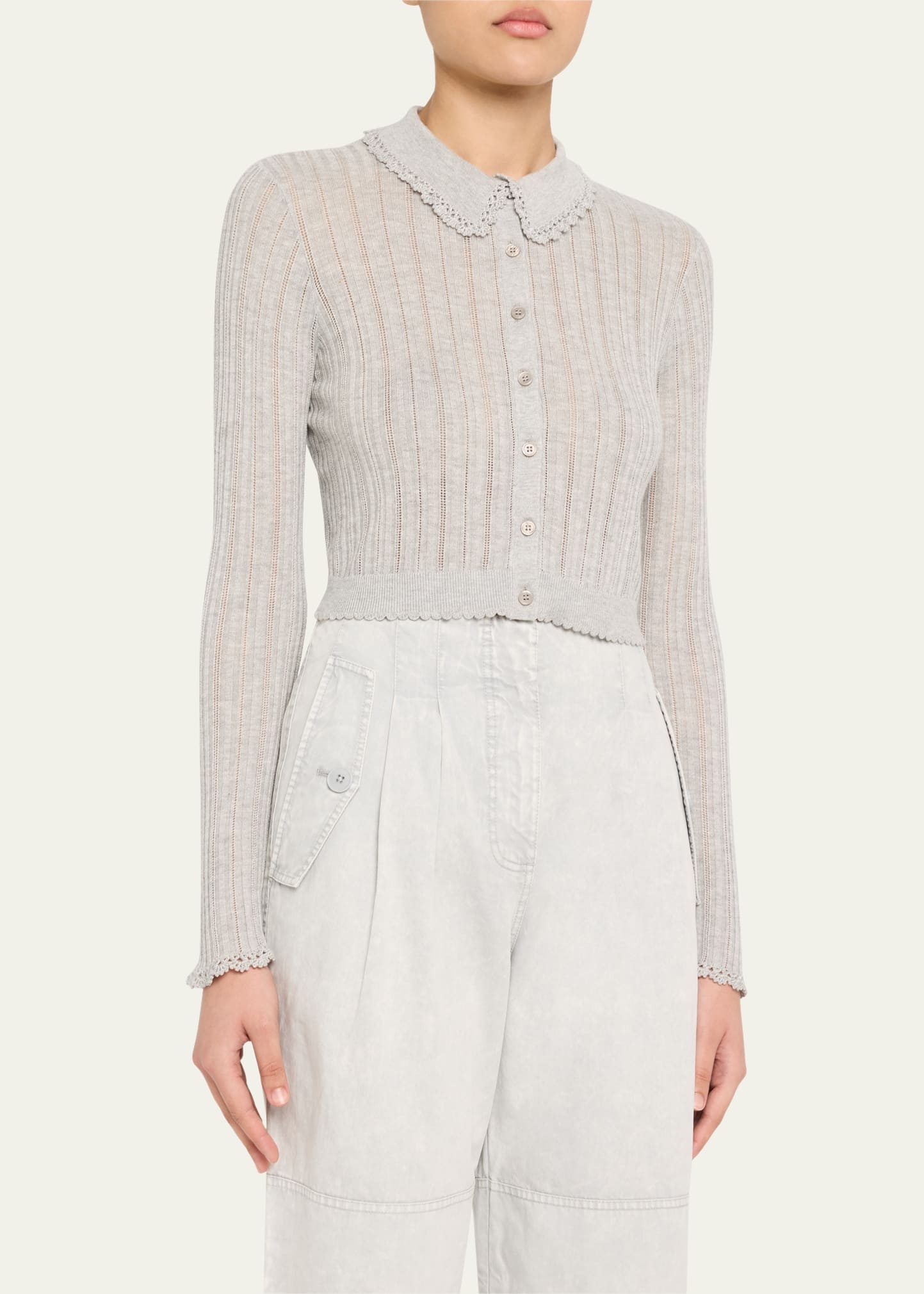 Lottie Collared Cropped Pointelle Knit Cardigan - 4