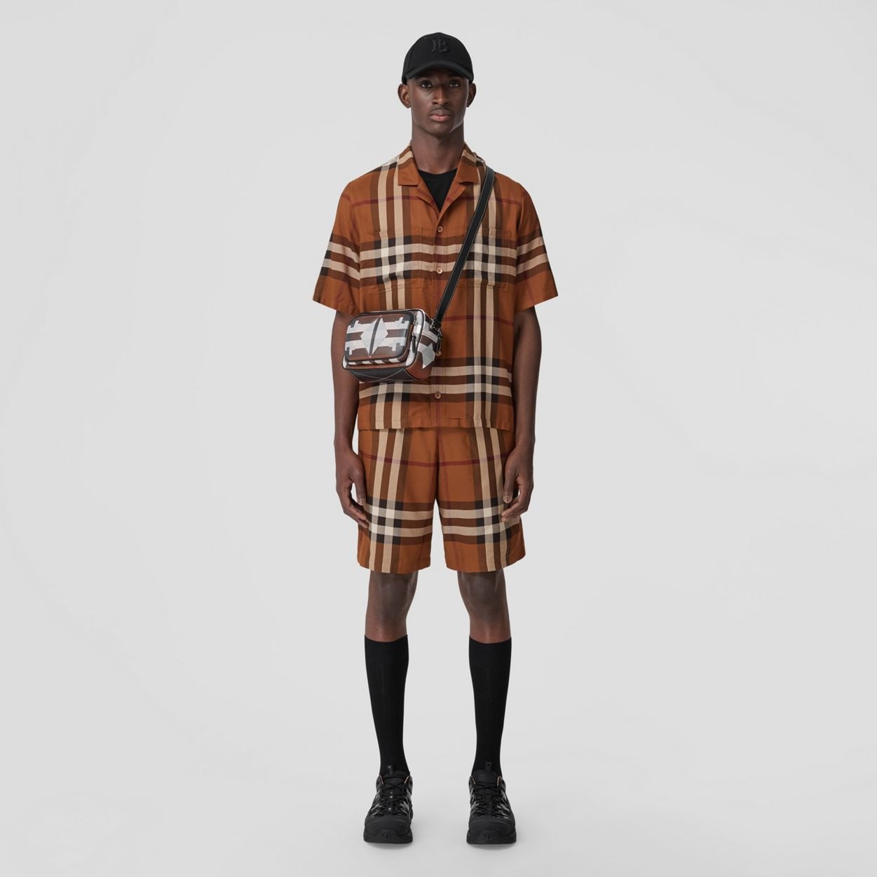 Geometric Check and Leather Crossbody Bag - 6