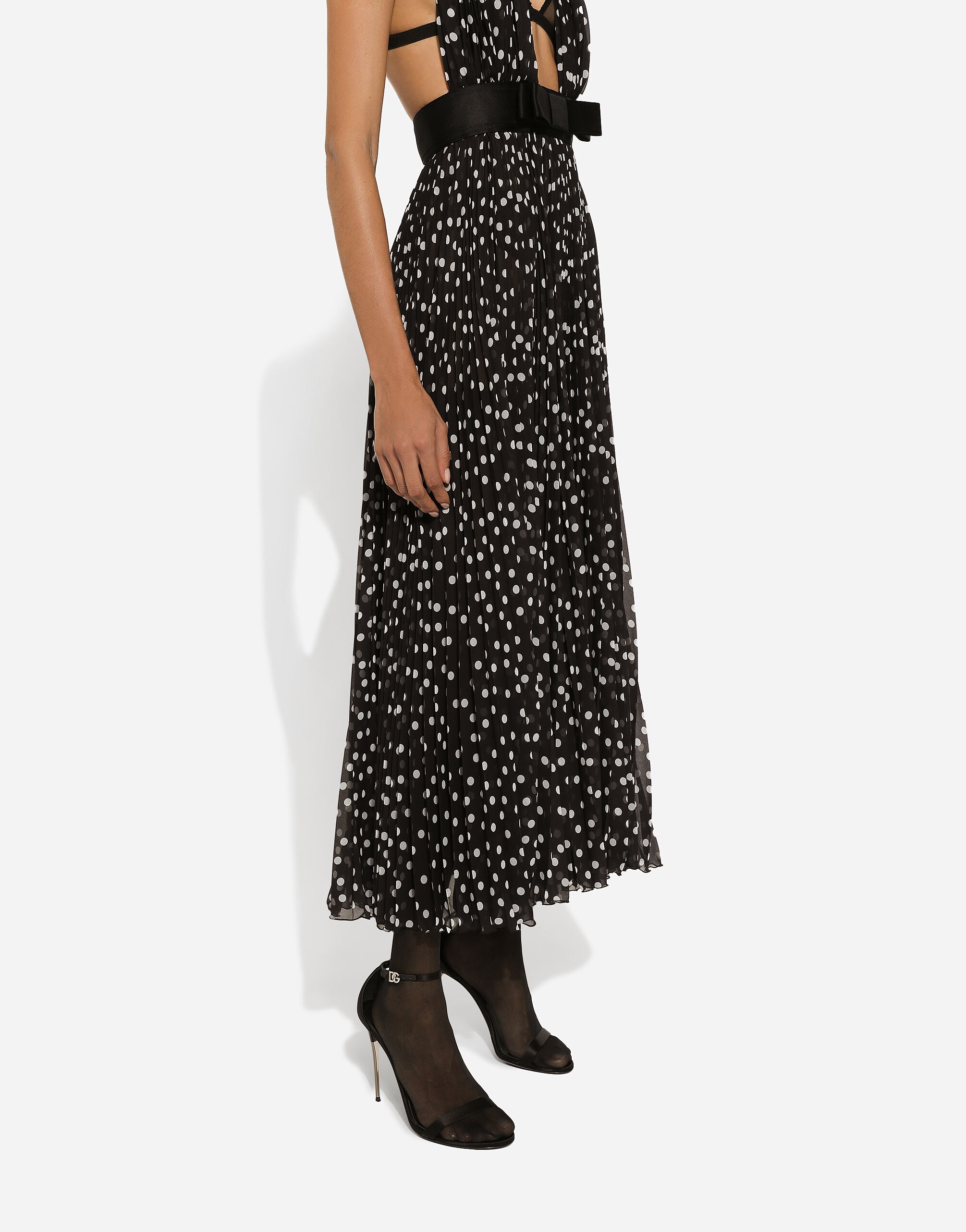 Chiffon calf-length dress with plunging neckline and polka-dot print - 6