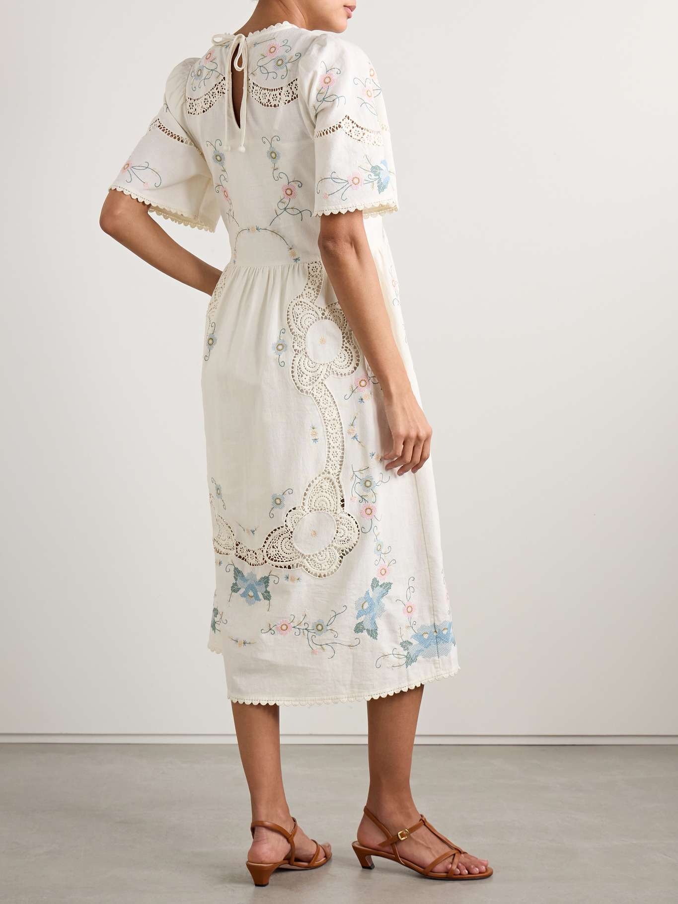 Vesna broderie anglaise-trimmed embroidered cotton and linen-blend midi dress White - 3