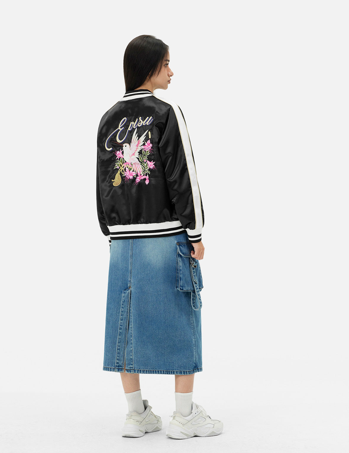 Hummingbird and Magnolia Flower Embroidery Loose Fit Souvenir Jacket - 4