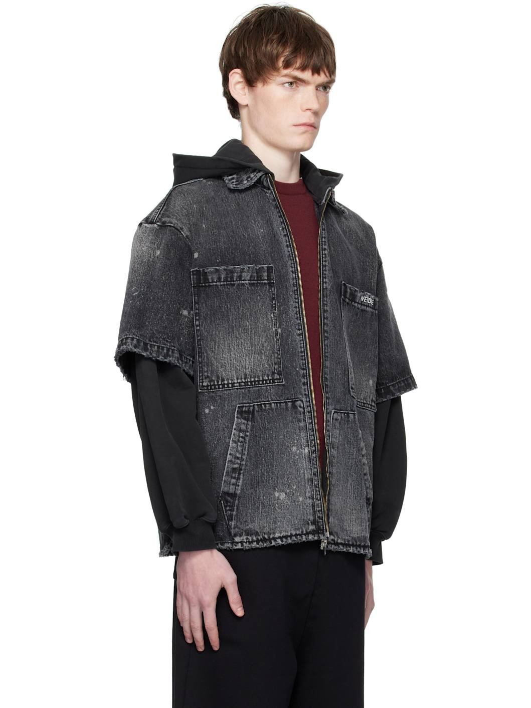 Black Faded Layered Hoodie Denim Jacket - 2