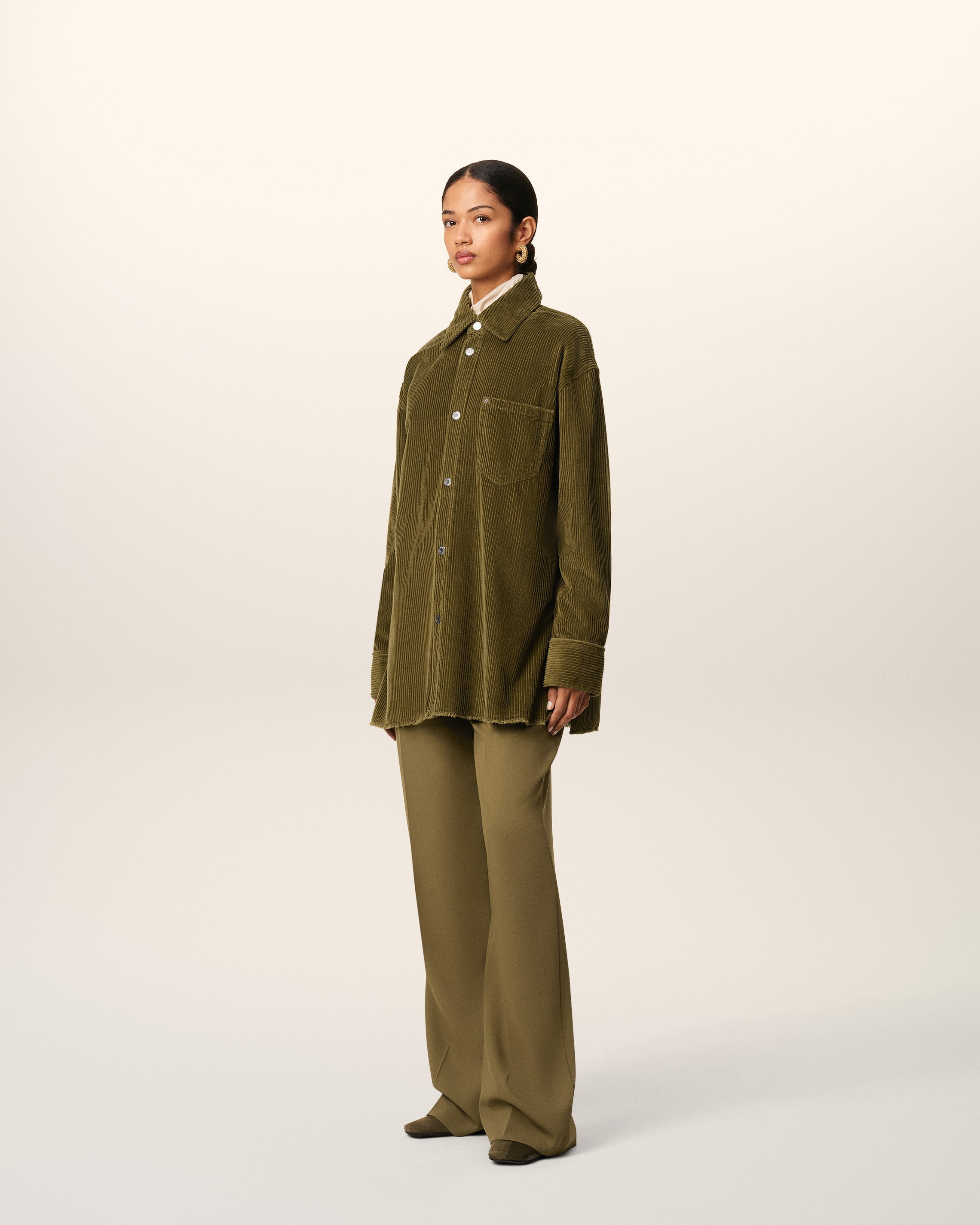 GREEN COTTON CORDUROY SIDE SLIT OVERSHIRT - 6