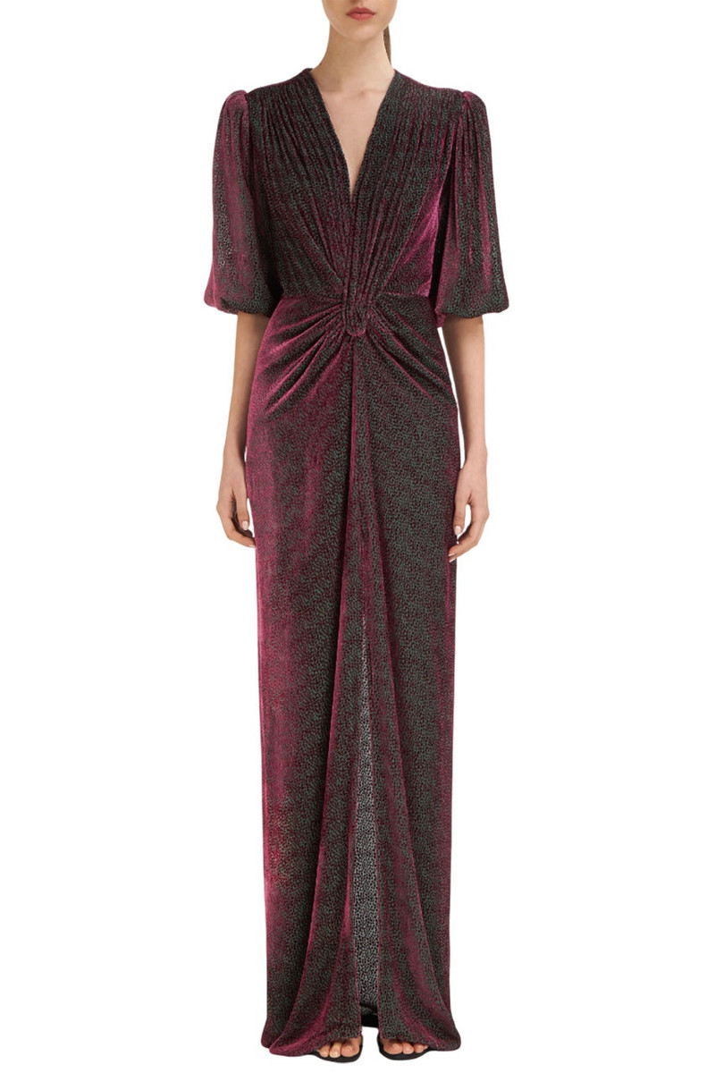 COSTARELLOS KALLISTA SILK VELVET DEVORÈ GOWN outlook