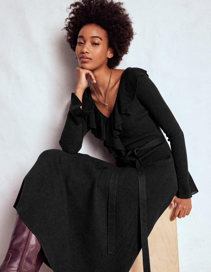 Ruffled Ribbed Dress-Black 3