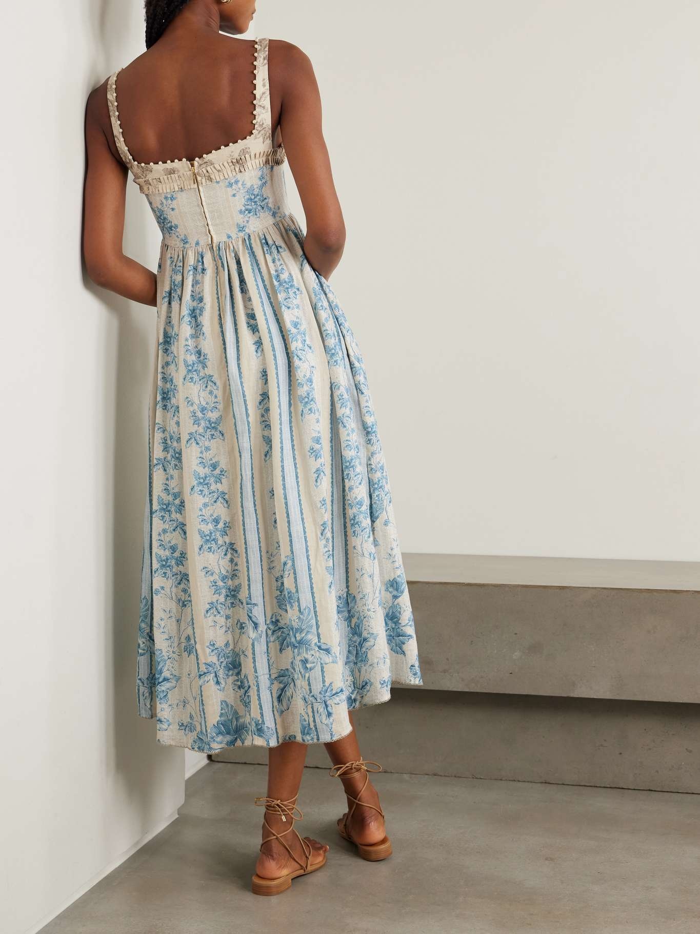 Barbara Bougainvillea embellished printed linen midi dress Blue - 3