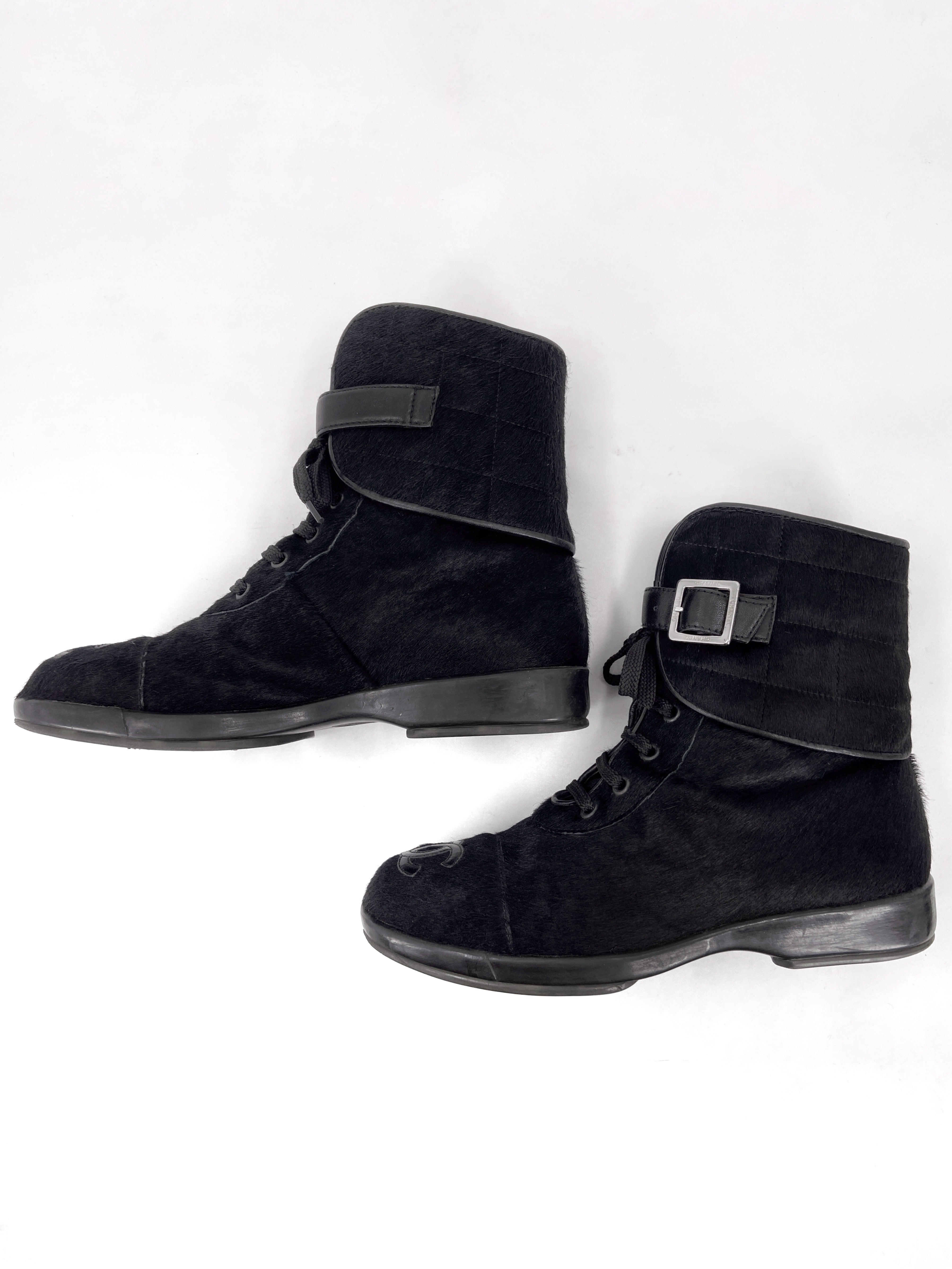 Chanel Fall 2000 Karl Lagerfeld Pony hair Calfskin Logo Quilted Combat boot 38 - 2