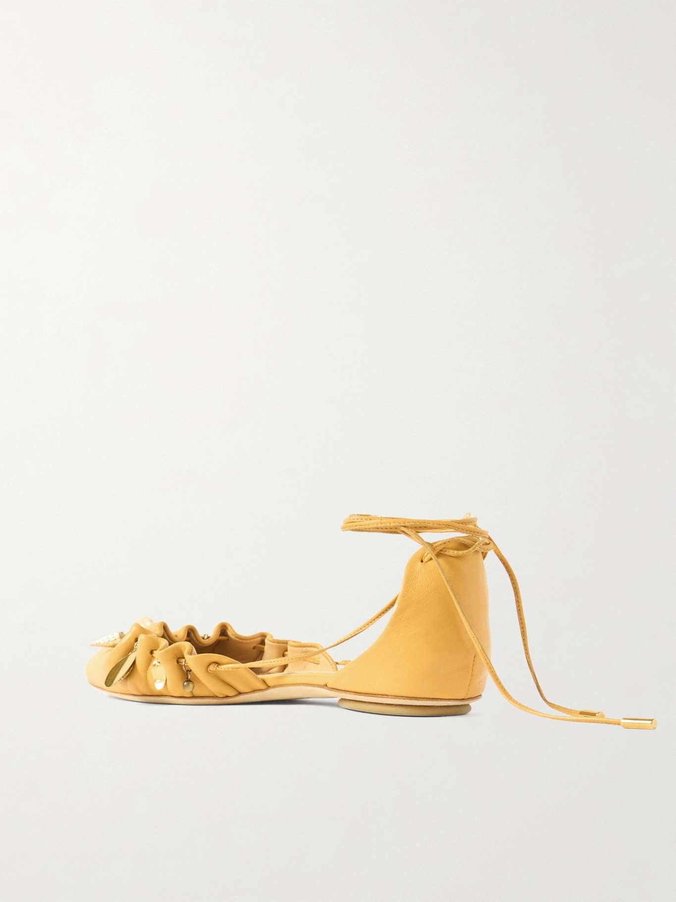 Gathered embellished leather point-toe flats Pastel yellow - 3