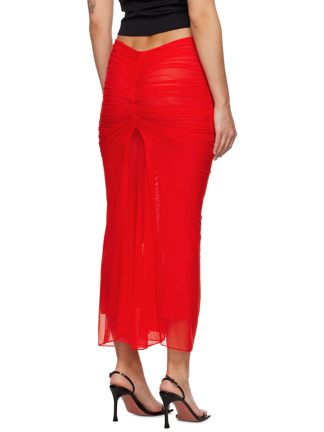 Red Ruched Mesh Midi Skirt - 3