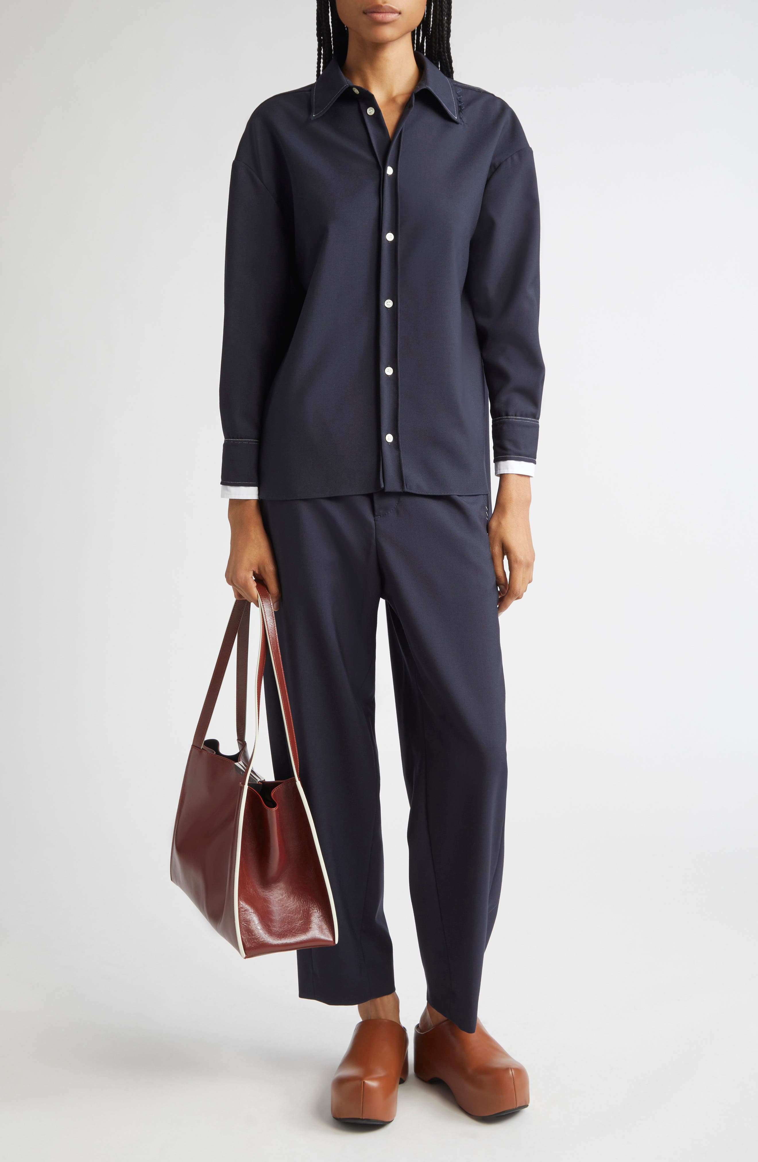 Marni Oversized Virgin Wool Button-Up Shirt in 00B99 Blue Black at Nordstrom - 2