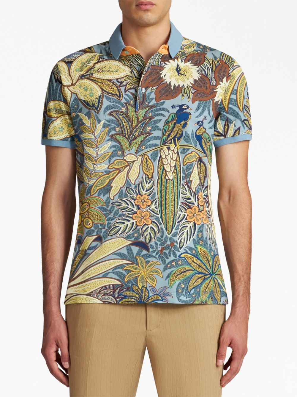 peacock-print cotton polo shirt - 2