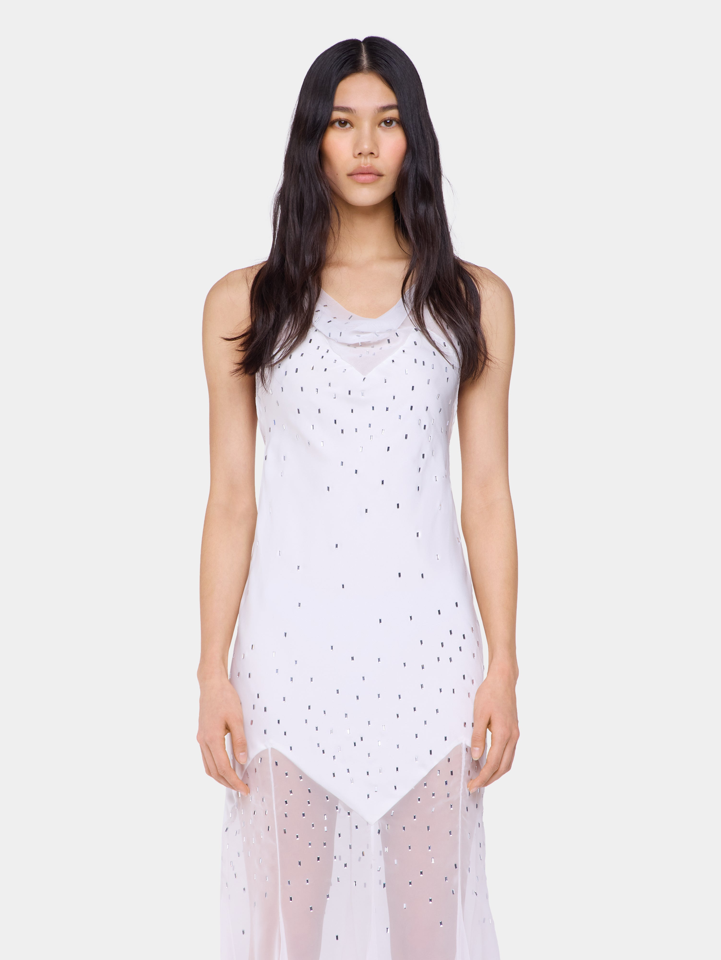 WHITE LONG DRESS SLEEVELESS IN MUSLIN AND SATIN - 2
