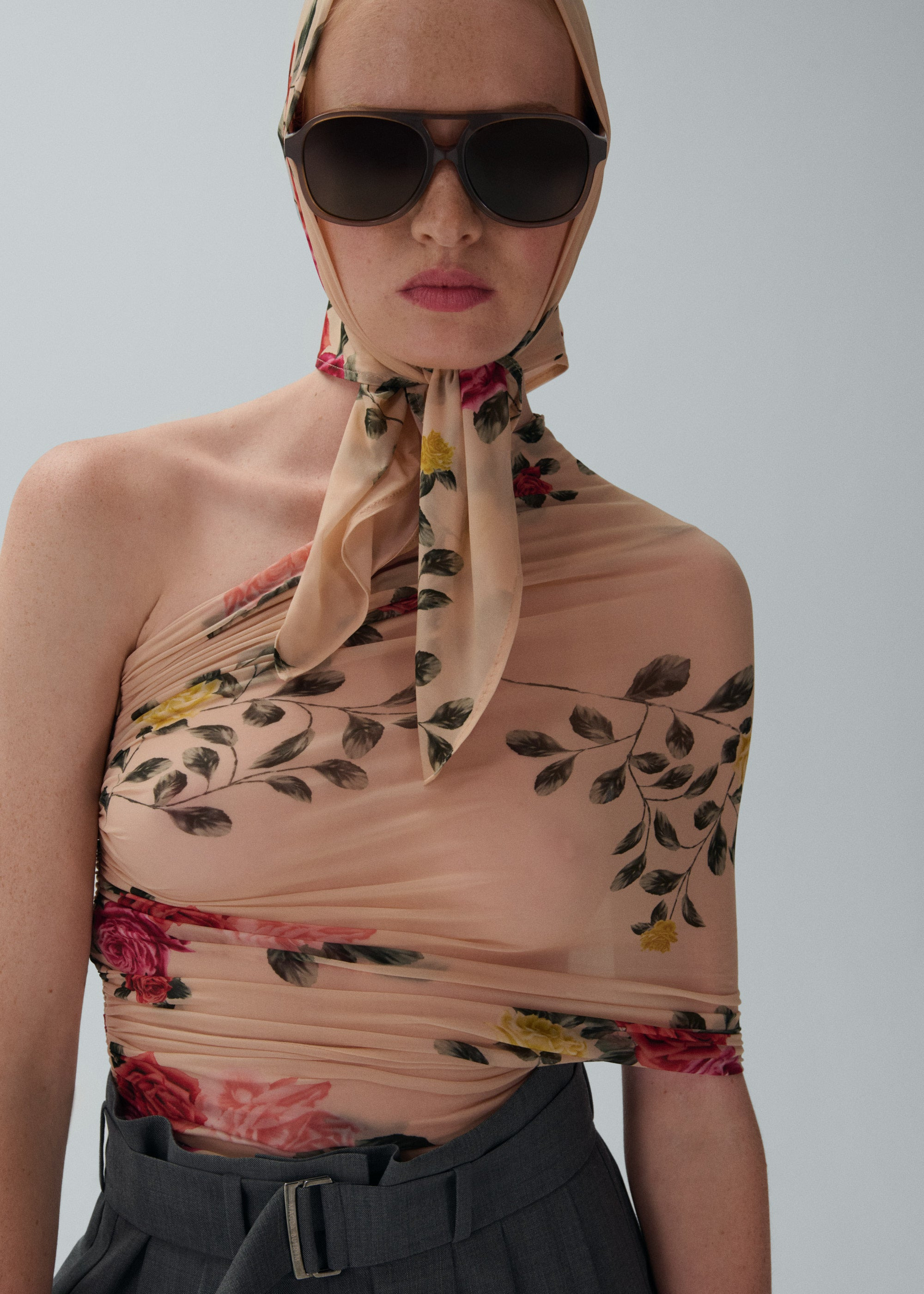 One-shoulder wrap top in beige print - 3