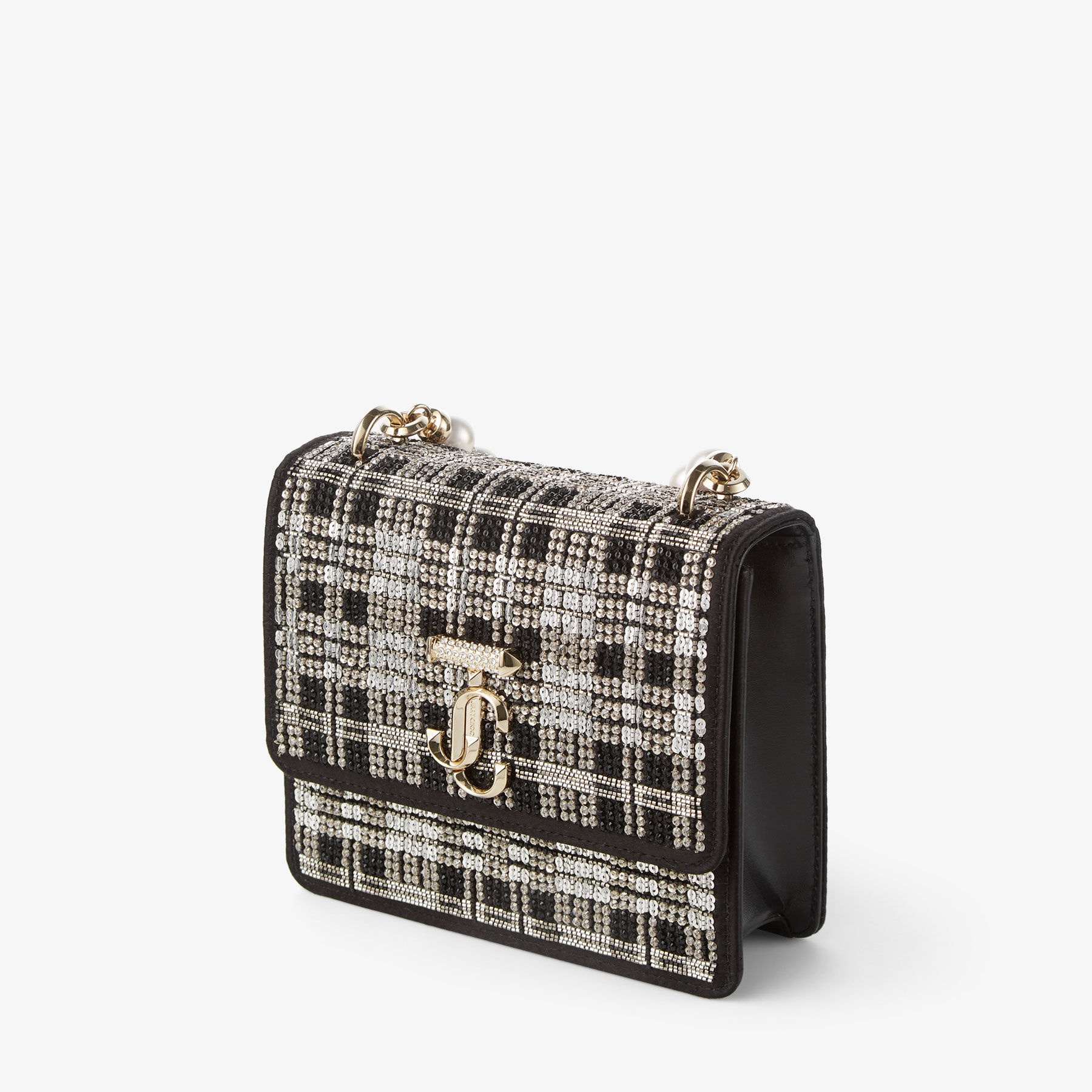 Avenue Quad XS
Black Satin Beaded Tartan Shoulder Bag with Pearl Strap - 4