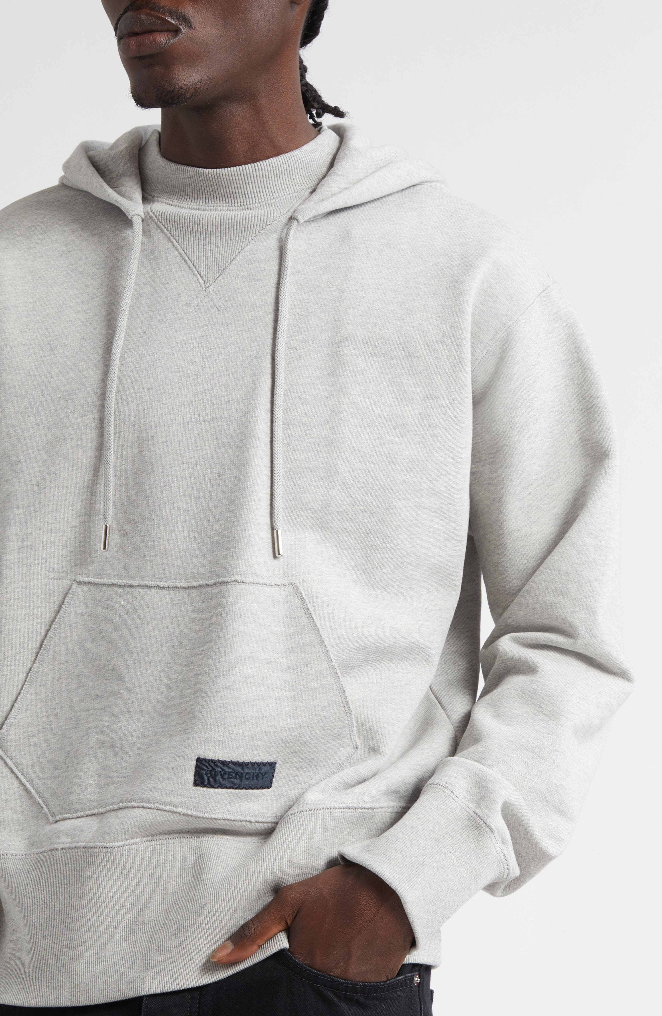 Givenchy Logo Patch Double Collar Fleece Hoodie in Light Grey Melange at Nordstrom - 4