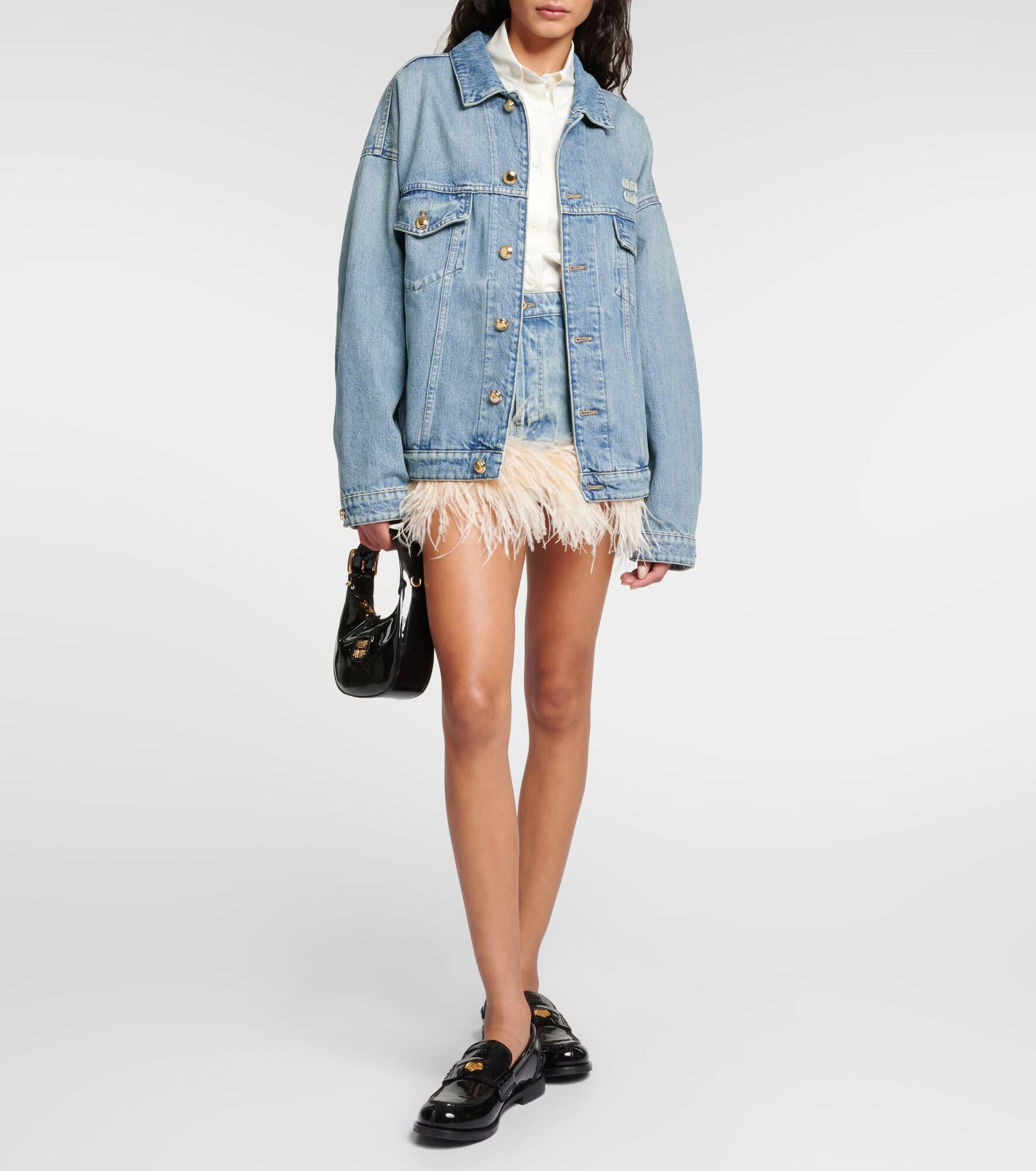 Feather-trimmed denim miniskirt - 2