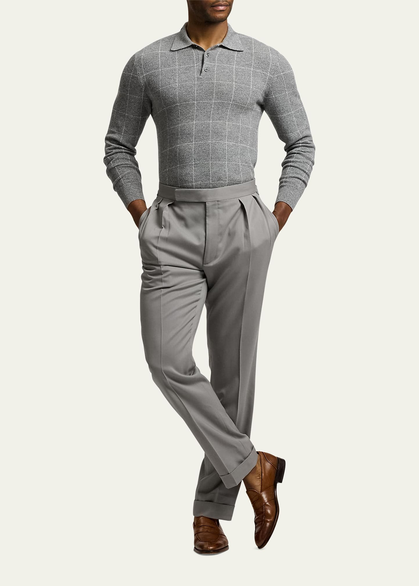 Men's Cashmere Windowpane Polo Sweater - 2