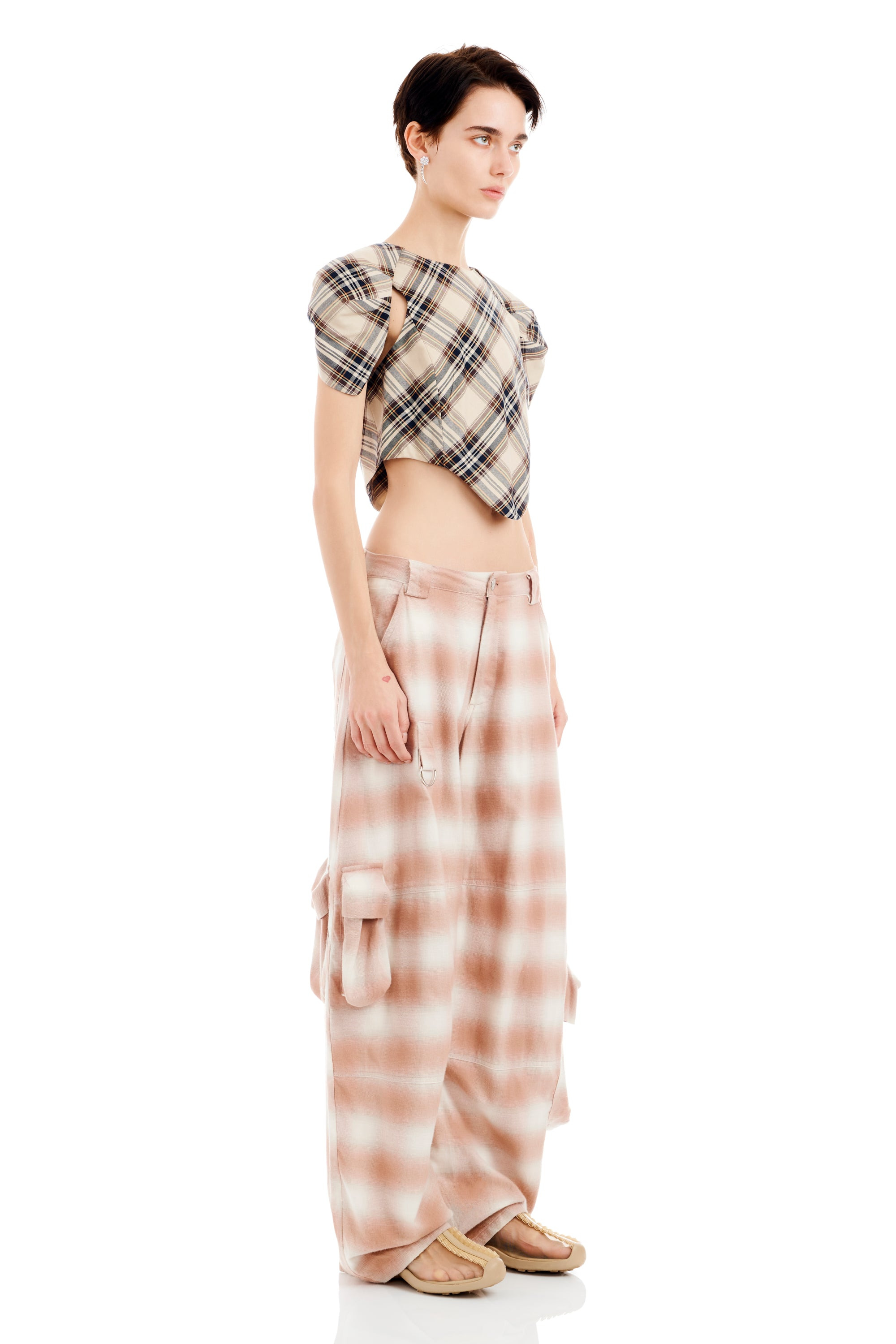 PEACH PLAID LAWN CARGO PANT - 4