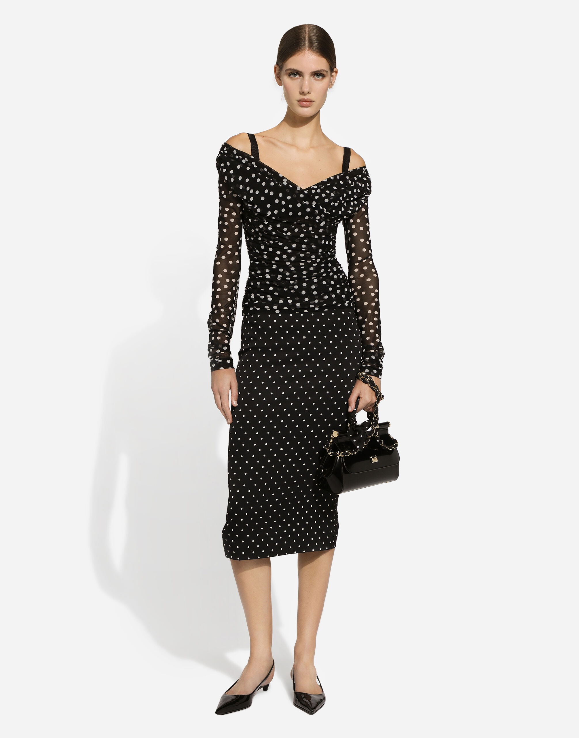 Charmeuse calf-length pencil skirt with polka-dot print - 2
