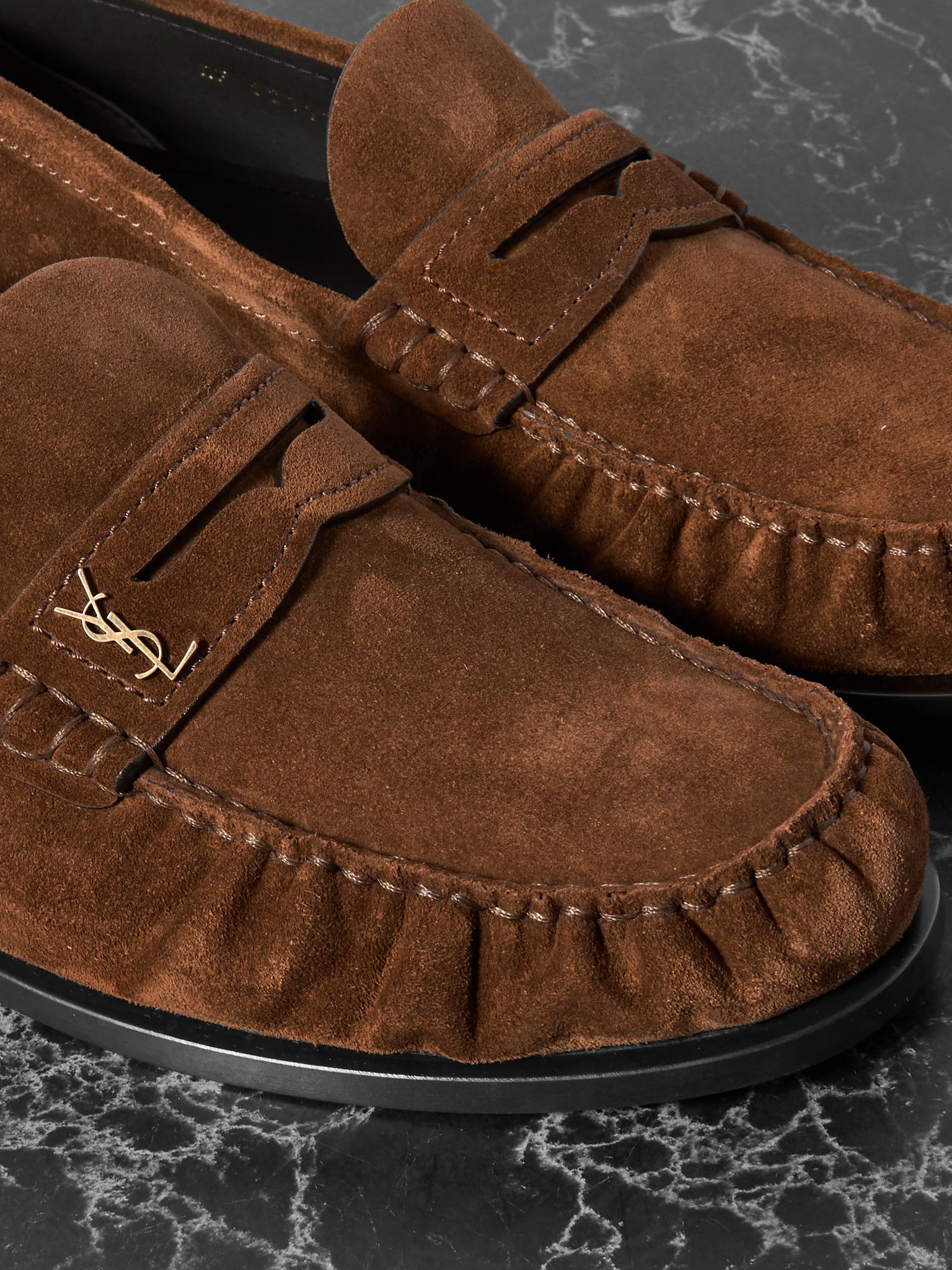 Laurent logo-embellished suede penny loafers Brown - 4