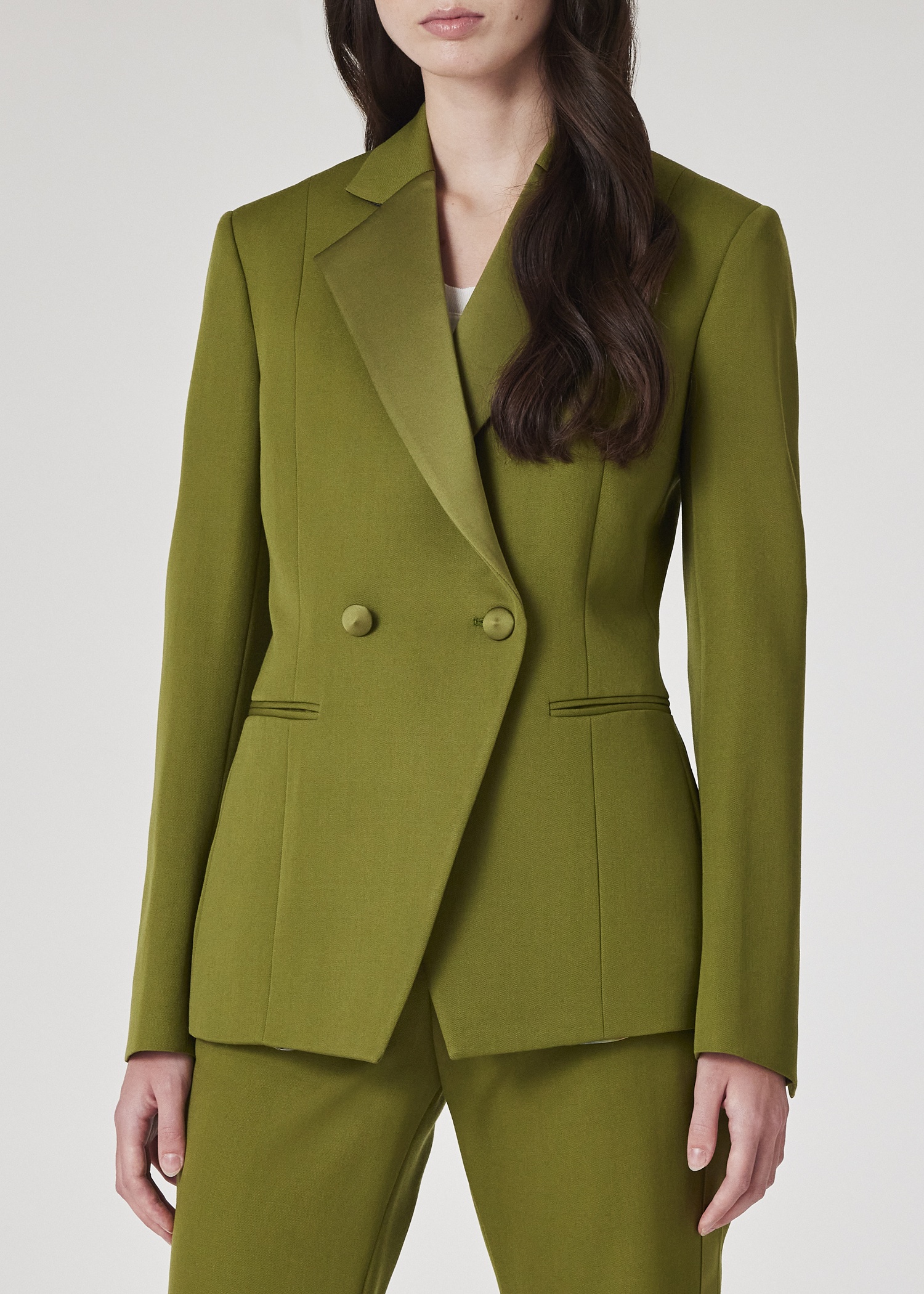 Women's Olive Green Wool Gabardine Double-Breasted Blazer - 5