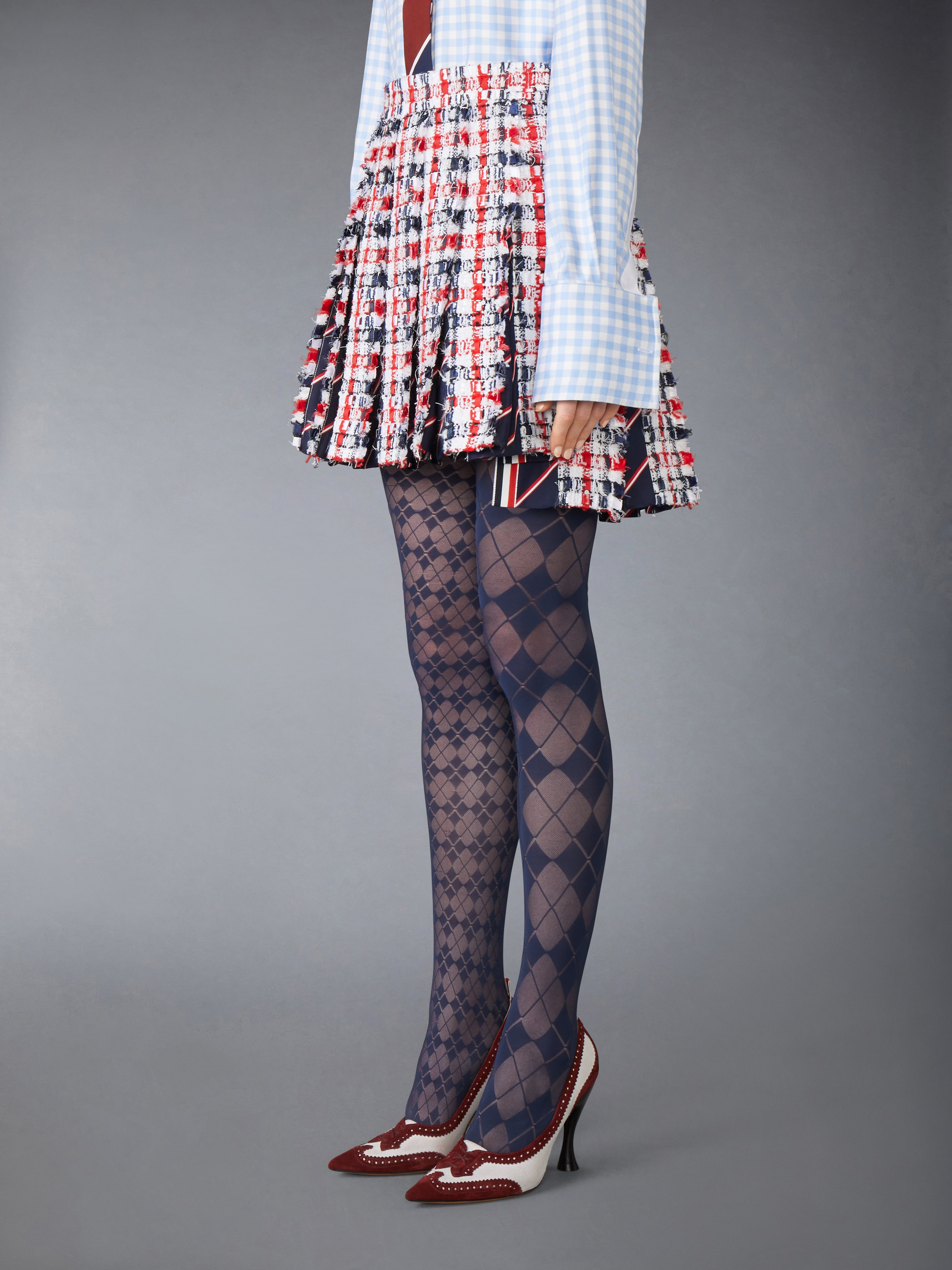 GINGHAM SATIN RIBBON TWEED PLEATED MINI SKIRT - 3