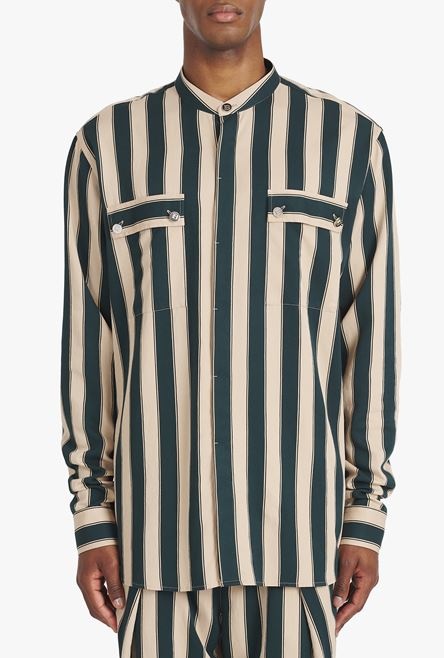 Sand-colored and dark green eco-designed striped shirt - 5