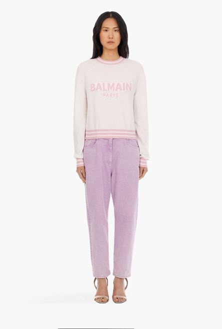 Cropped white wool and cashmere sweater with light pink Balmain logo - 4