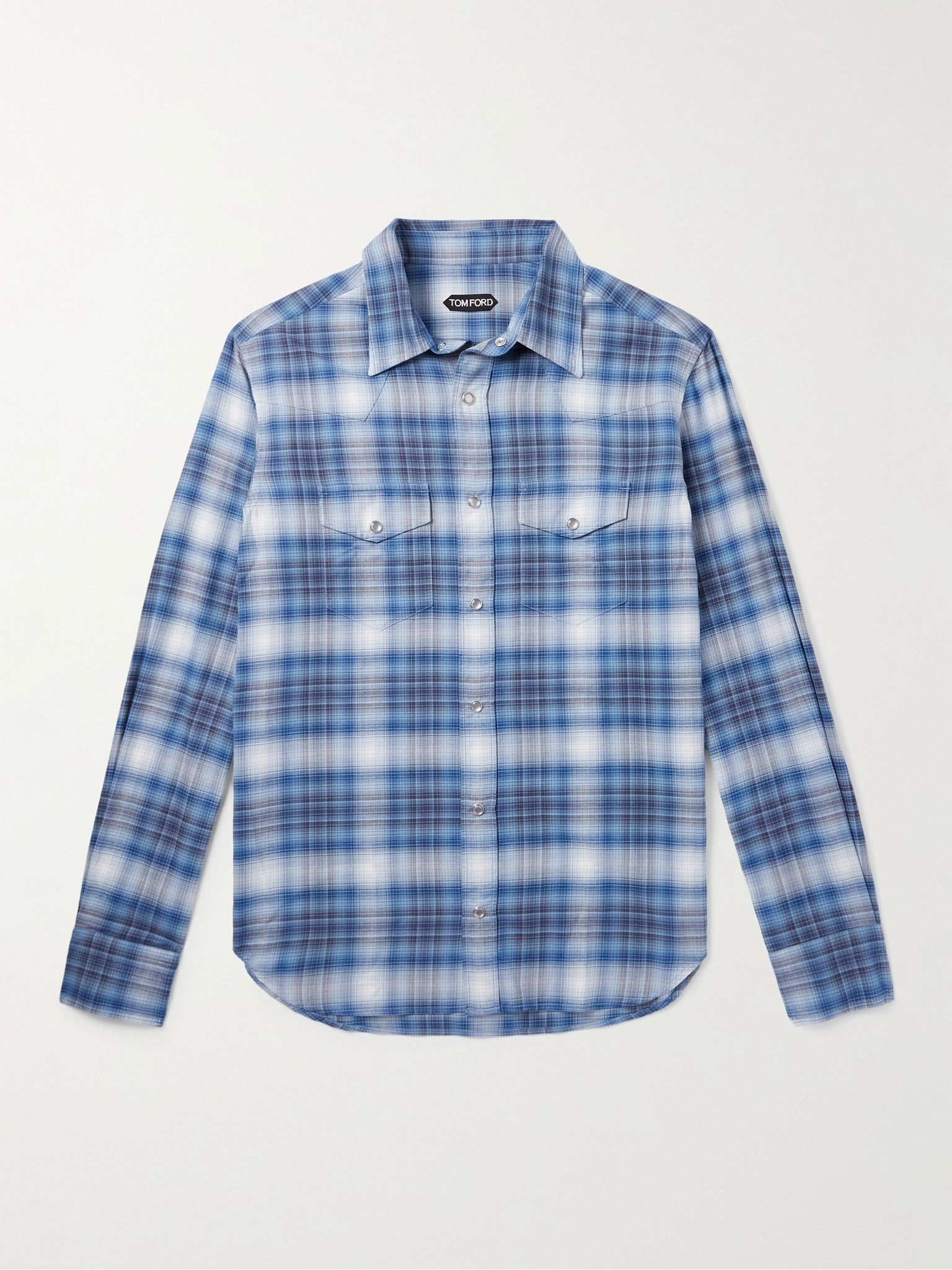 Slim-Fit Checked Cotton-Poplin Shirt Blue - 1
