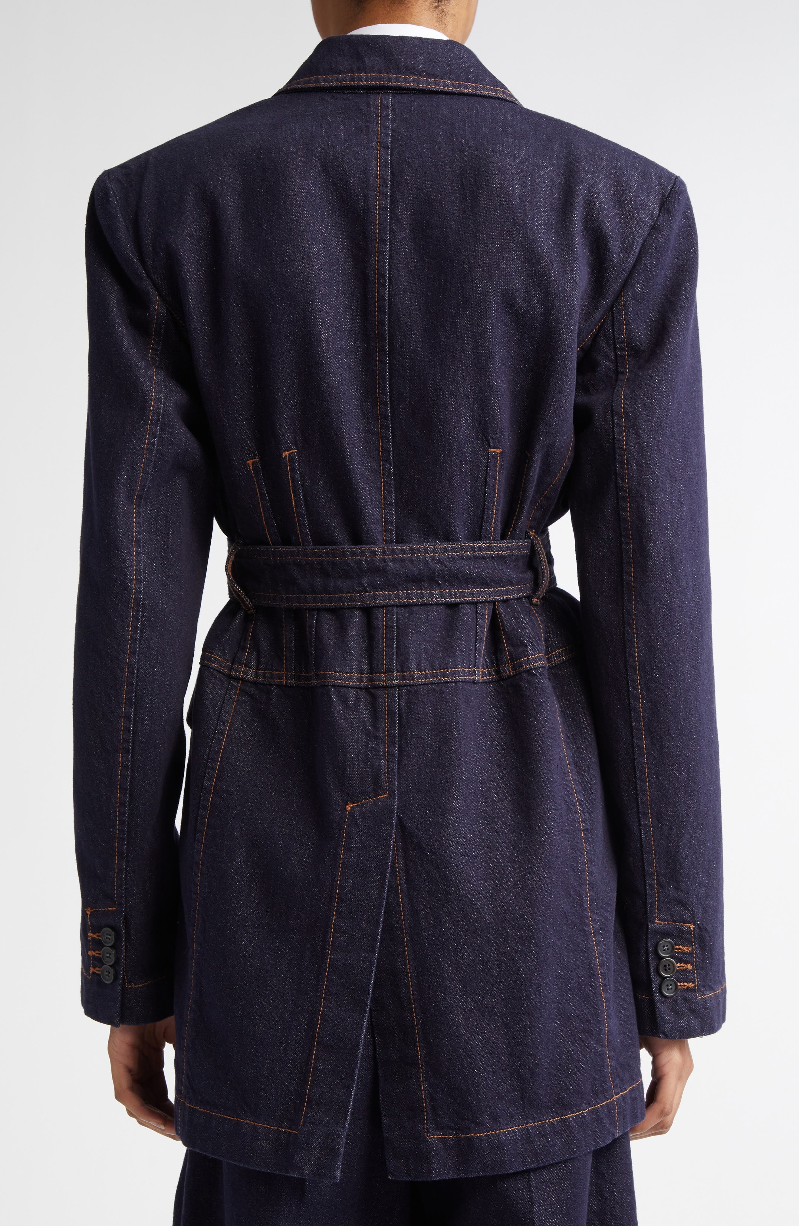 SPORTMAX Domino Monogram Buckle Belted Denim Jacket in Navy at Nordstrom - 3