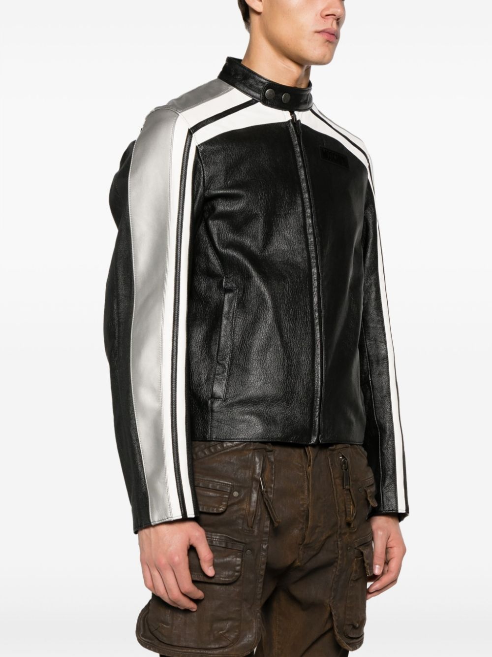 logo-patch leather biker jacket - 3