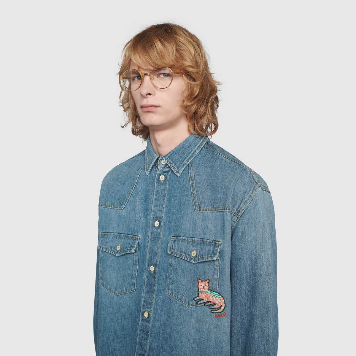 Eco washed organic denim shirt with cat - 5